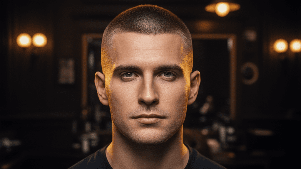 Ultra-photorealistic studio portrait of a White man with a Caesar Cut hairstyle. They are facing forward. The camera is pulled back for a full-head view. Background: Moody, high-end vintage barbershop with deep espresso tones and warm bokeh. Cinematic amber rim lighting. Sharp focus, professional 8k photography.