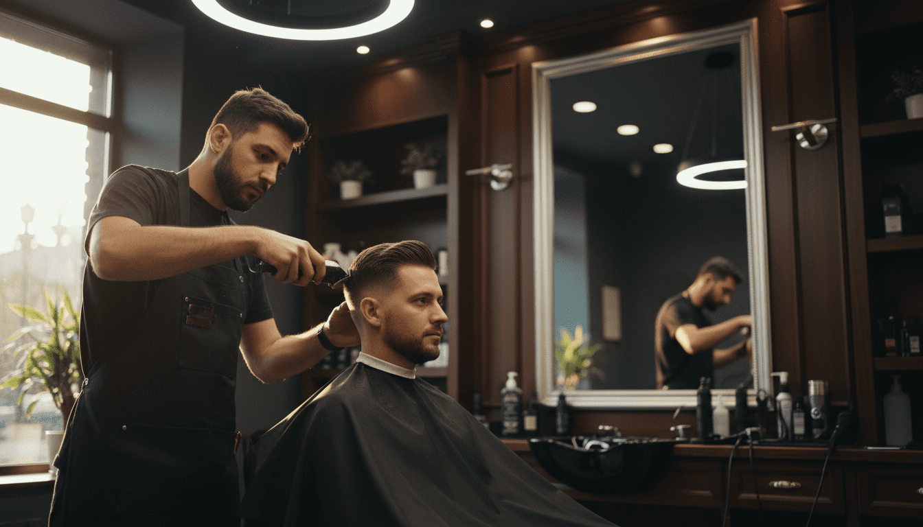 Cinematic, photorealistic medium shot of a stylish man in his 30s sitting in a high-end, modern barbershop chair, receiving a meticulous haircut from a skilled barber. The focus is on the barber's expert use of clippers to create a sharp fade on the man's hair, emphasizing the quality and precision of the service. The barbershop interior features rich, dark wood textures, polished chrome accents, and subtle, warm ambient lighting that evokes a sense of luxury and convenience. A hint of a clean, sleek mirror reflects the scene, contributing to the professional atmosphere. The shallow depth of field artfully blurs the background, ensuring the subject and the act of haircutting are the clear focal points. The lighting mimics the warm glow of late afternoon sun, creating depth and highlighting the fine details of the hair and the barber's technique. 8k resolution, award-winning photography, high contrast, extremely detailed.