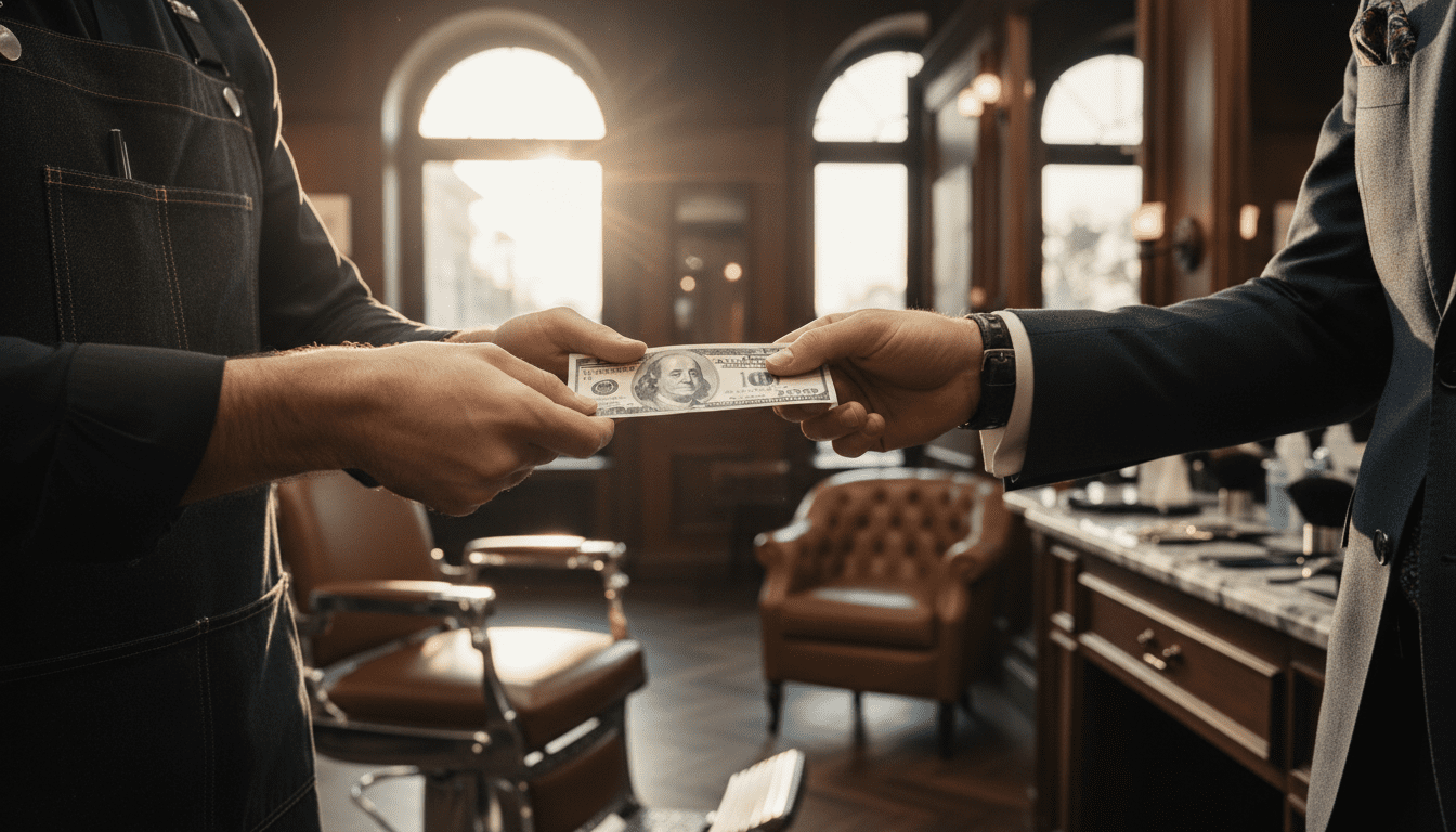 Photorealistic, cinematic close-up shot focusing on a barber's hands meticulously handing a neatly folded crisp bill (representing a tip) back to a stylishly dressed client in a high-end, modern-classic barbershop. The scene is bathed in dramatic, volumetric golden hour lighting, casting long shadows and highlighting rich textures of dark wood, polished chrome, and soft leather seating in the background. The focus is sharp on the exchange, conveying professionalism and a positive client experience, with the background subtly blurred using a shallow depth of field. The image should communicate transparency, value, and excellent customer service. 8k resolution, award-winning photography, high contrast, extremely detailed.