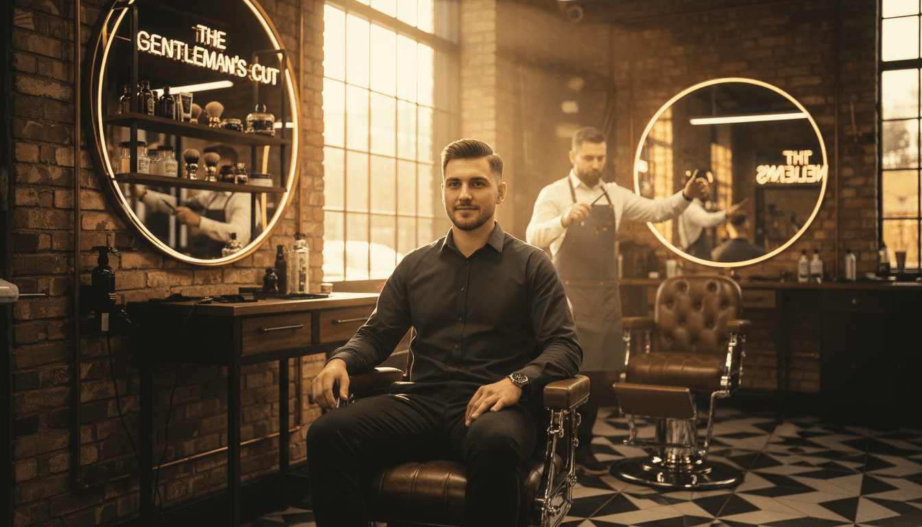A photorealistic, cinematic image capturing the essence of finding the ideal barbershop. The scene is set inside a stylish, high-end modern-classic barbershop, bathed in warm, volumetric golden hour lighting that creates a sophisticated yet inviting atmosphere. Focus is sharp on a discerning, well-groomed man in his late 20s to early 40s, seated comfortably in a premium barber chair. He is looking towards the camera with a confident, satisfied expression, subtly showcasing a perfectly executed, contemporary haircut. The barber, professional and attentive, is out of focus in the background, perhaps seen through a clean, polished mirror, giving a sense of their expertise without making them the primary subject. The background subtly hints at the barbershop's ambiance – rich dark wood textures, gleaming chrome accents, and the soft glow of understated lighting. The overall impression is one of a superior grooming experience, emphasizing professionalism, quality, and the client's feeling of being well-cared-for. Award-winning photography, 8k, extremely detailed, high contrast.