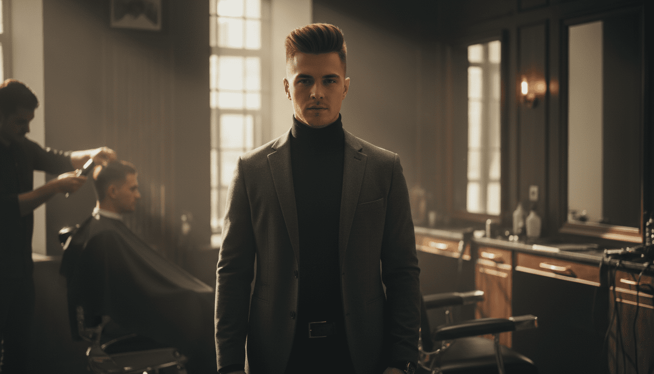 Photorealistic, cinematic shot of a stylish man in his late 20s with a sharp high fade haircut and a textured quiff on top, standing confidently in a modern, high-end barbershop. The environment is dimly lit with dramatic, high-contrast golden hour light casting long shadows and highlighting rich textures of dark wood and polished chrome. He is looking directly at the camera with a subtle, confident expression. A barber's hand is visible in the background, holding professional clippers, poised to detail the side of another patron's head, ensuring focus remains on the main subject and the impeccable fade. Award-winning photography, 8k, extremely detailed, volumetric lighting.