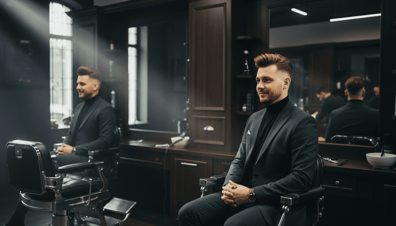 A photorealistic, cinematic image set in a high-end, modern barbershop with dark wood, black leather, and subtle chrome accents. The scene features a stylishly dressed man of shorter stature (late 20s-30s) confidently looking into a mirror. He has a sharp, modern haircut with noticeable volume on top, such as a textured crop or quiff, and clean, faded sides that create an elongated silhouette. The lighting is cinematic, with dramatic volumetric rays illuminating the scene, highlighting the texture of his hair and the sophisticated ambiance of the barbershop. His expression conveys confidence and satisfaction with his enhanced look. Award-winning photography, 8k resolution, sharp focus, high contrast.