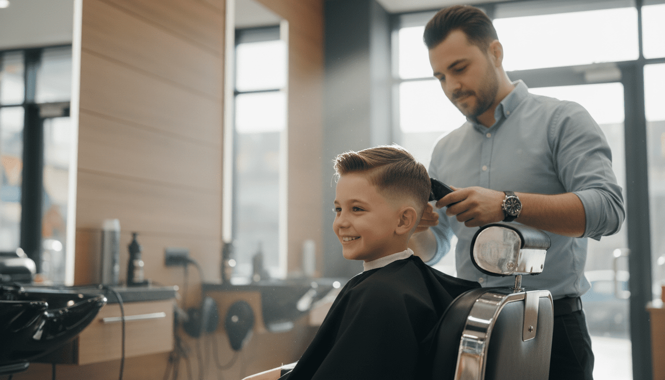 Photorealistic, cinematic, award-winning photograph inside a bright and welcoming, modern barbershop. A young, stylish boy, around 8 years old, with a happy and confident expression, sits in a barber chair. His hair features a perfectly executed modern fade on the sides and a softly textured crop on top, showcasing a popular "best kids haircut style." The barber, with a warm and reassuring demeanor, is using clippers with precision on the boy's hair, demonstrating expertise. The lighting is soft and natural, evoking a sense of a well-lit, family-friendly environment, perhaps with subtle afternoon sunlight streaming in. Rich textures of clean, light-colored wood and subtle chrome accents are visible. The background is softly blurred, emphasizing the boy and the skilled barber's work. The overall image conveys a sense of modern style, expert craftsmanship, and a positive, kid-friendly experience. 8k resolution, extremely detailed, cinematic volumetric lighting, high contrast.