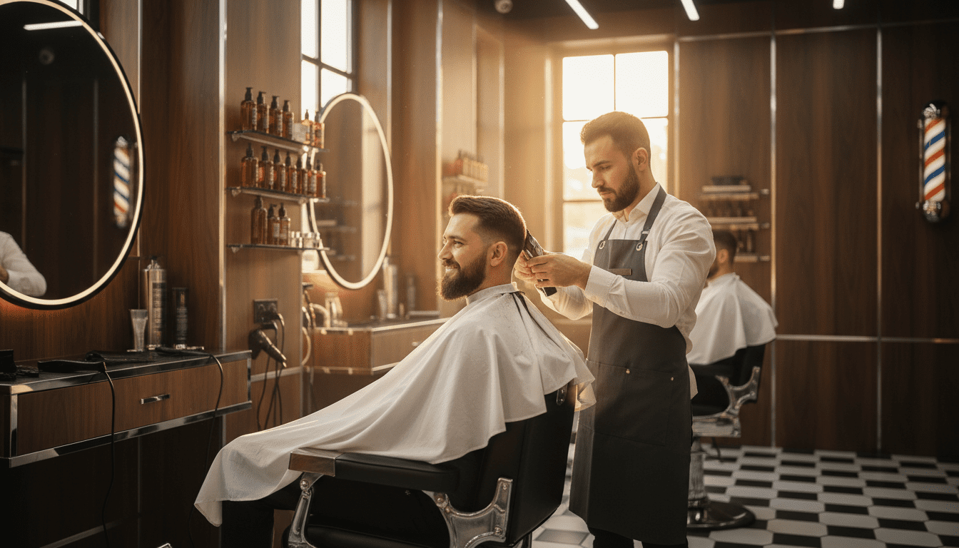 Photorealistic, cinematic, award-winning photograph set in a high-end, modern barbershop. A stylish man in his early 30s, with a confident and satisfied expression, is having his hair expertly cut by a skilled barber using professional clippers. The scene is bathed in warm, cinematic golden hour lighting, highlighting the rich textures of dark wood paneling, polished chrome accents, and plush black leather barber chairs. The barber's focus is sharp on the client's hair as he crafts a precise fade, showcasing meticulous attention to detail. The background is softly blurred with a shallow depth of field, drawing full attention to the professional grooming process. The overall atmosphere conveys premium quality and exceptional value, subtly implying that the perceived cost is justified by the superior service and result. 8k resolution, extremely detailed, cinematic volumetric lighting, high contrast.
