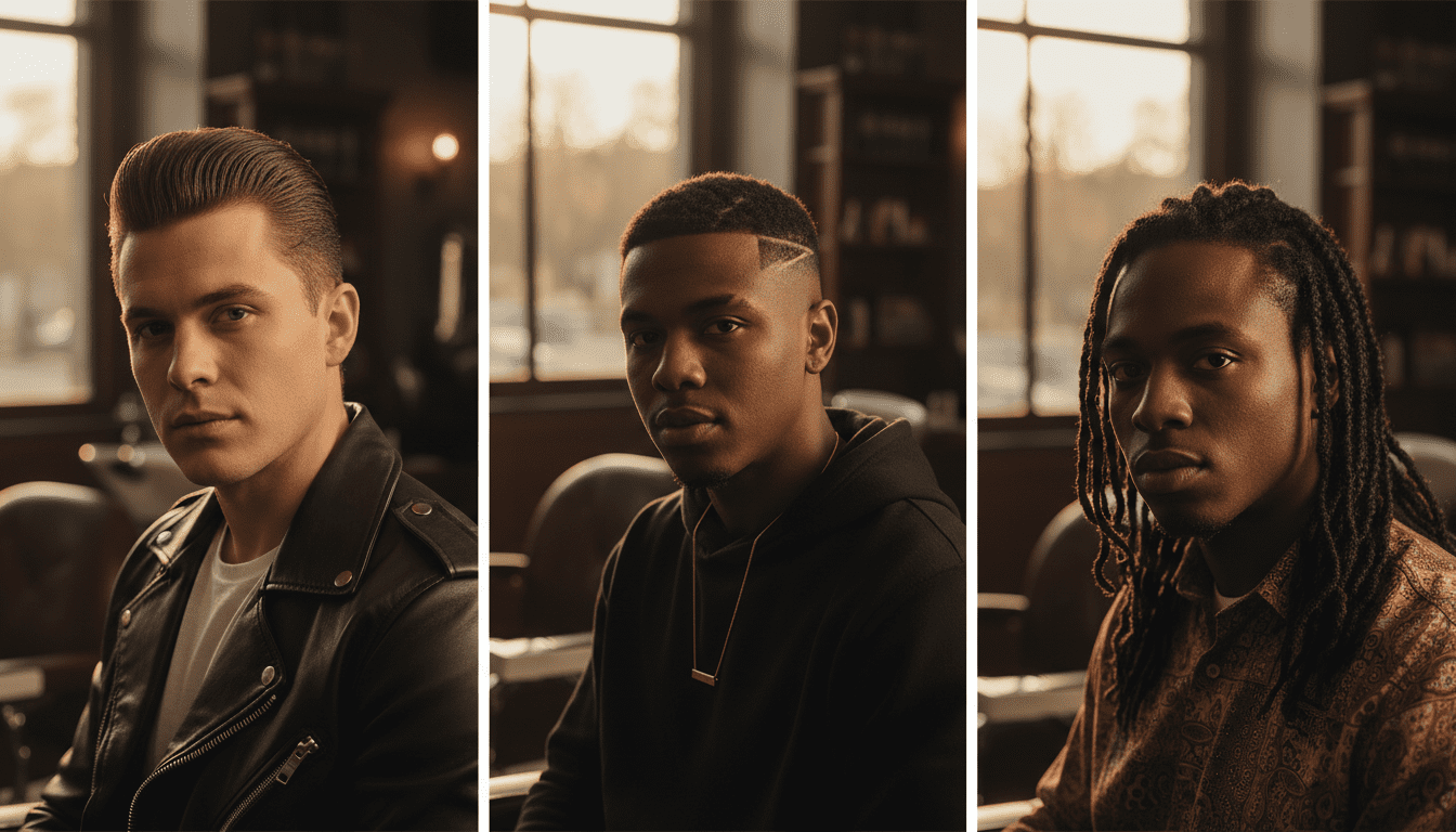 A cinematic, high-resolution, photorealistic image showcasing a triptych of diverse men's haircuts. The left panel features a man with a meticulously styled, classic pompadour evoking 1950s rock and roll culture. The central panel displays a man with a sharp, clean fade and intricate line-up, representing modern hip-hop and urban influence. The right panel presents a man with textured, longer hair and subtle braids, hinting at rich African heritage. All subjects are styled impeccably, their expressions confident and individualistic. The lighting is dramatic golden hour, casting warm tones and creating depth with sharp contrasts. The backdrop is a subtly blurred, high-end barbershop interior with rich wood textures and hints of chrome, suggesting expertise and a sophisticated environment. The overall composition conveys the global tapestry of men's hairstyles and the profound cultural narratives they represent. 8k, award-winning photography, shallow depth of field, rich textures, sharp focus.