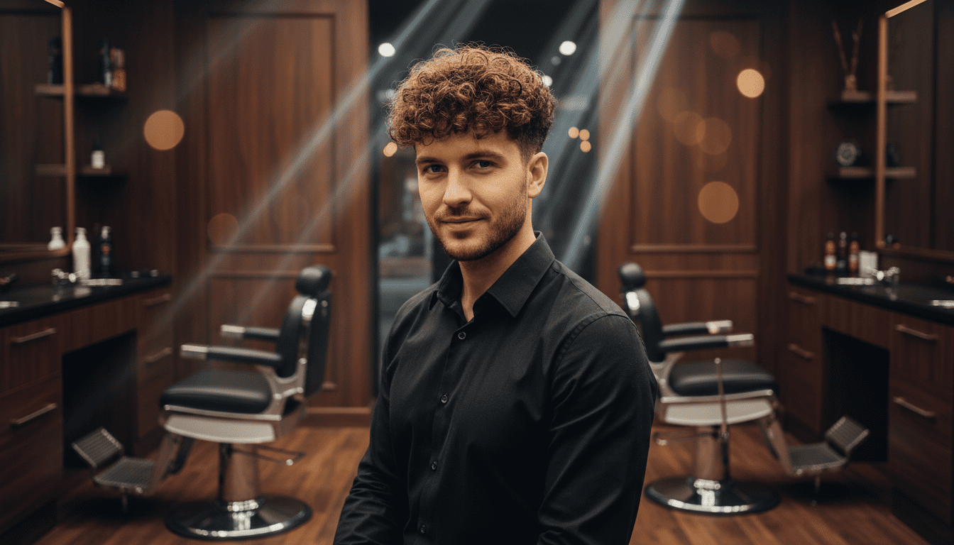A highly detailed, photorealistic, cinematic award-winning photograph showcasing a stylish, well-groomed man in his late 20s to early 40s with expertly defined, naturally curly hair. His curls are voluminous and well-shaped, demonstrating excellent definition and bounce, perhaps styled in a textured crop or a medium-length cut that embraces his curl pattern. He is looking confidently forward, with a subtle, knowing smile. The setting is a sophisticated, modern barbershop with rich dark wood textures, premium black leather barber chairs, and subtle metallic accents, creating an atmosphere of high-end quality without explicit branding. Dramatic, cinematic volumetric lighting illuminates the scene, casting soft shadows that highlight the texture and dimension of his curls and the luxurious ambiance. The focus is exceptionally sharp on the man and his beautifully defined hair, with a shallow depth of field blurring the background into an aesthetically pleasing bokeh. 8k resolution, ultra-detailed, professional photography.