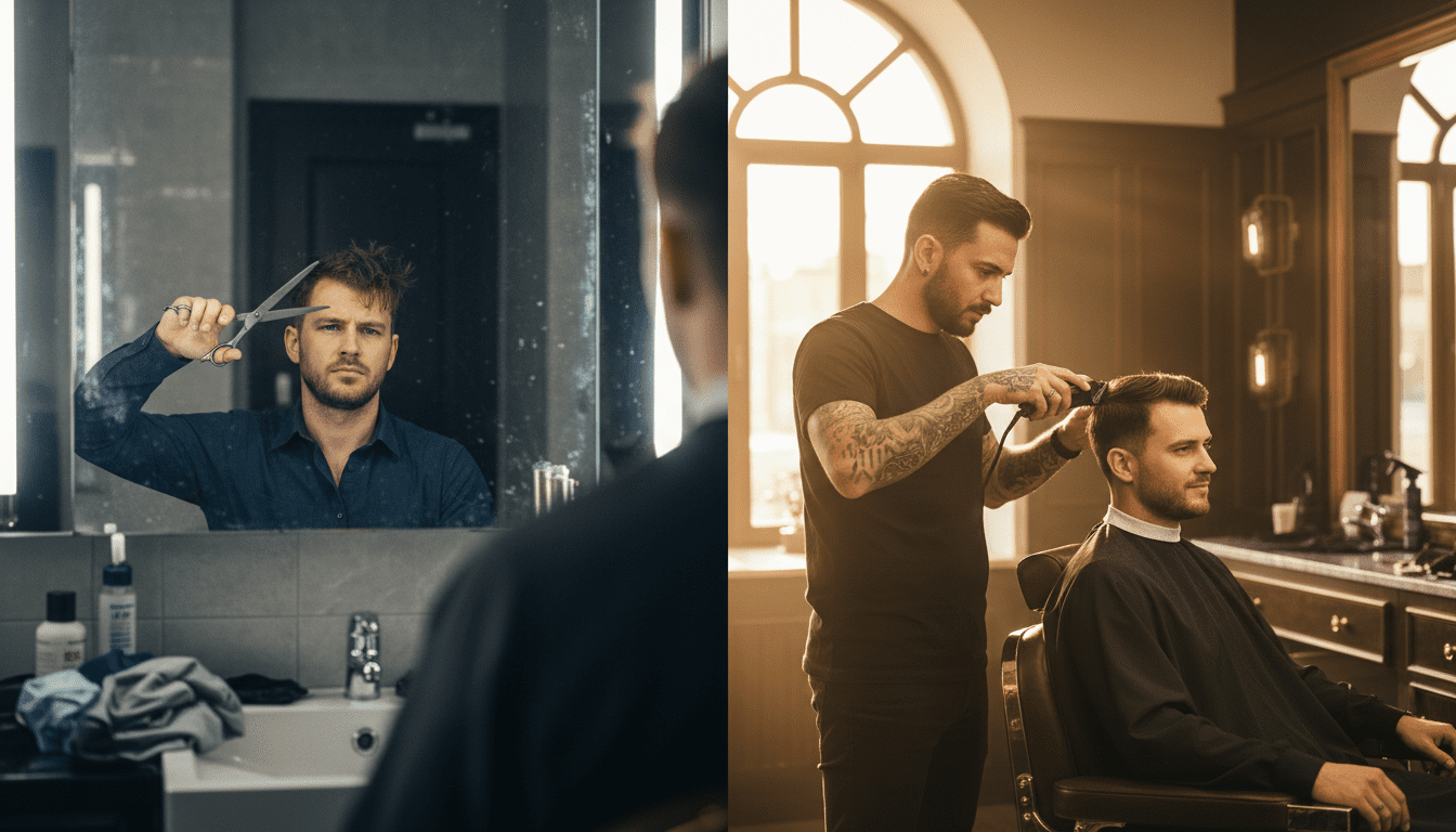 Photorealistic, cinematic, award-winning photograph capturing a split scene. On the left side, a man in his late 20s, looking frustrated, is attempting a DIY haircut in a dimly lit, unkempt bathroom, holding a pair of ordinary kitchen scissors and looking into a foggy mirror with slightly uneven results visible. On the right side, the same man, now looking sharp and confident, is in a high-end, modern barbershop setting. He's seated comfortably as a skilled barber in his mid-30s, with a focused expression, uses professional hair clippers to give him a precise, sharp fade. The barbershop is bathed in warm, golden hour light, highlighting rich textures of dark wood and leather. The focus is razor-sharp on the barber's hands and the clippers creating the style on the client. The contrast between the two scenes emphasizes the difference between a risky DIY attempt and a professional, high-quality result. 8k resolution, extremely detailed, cinematic volumetric lighting, high contrast.