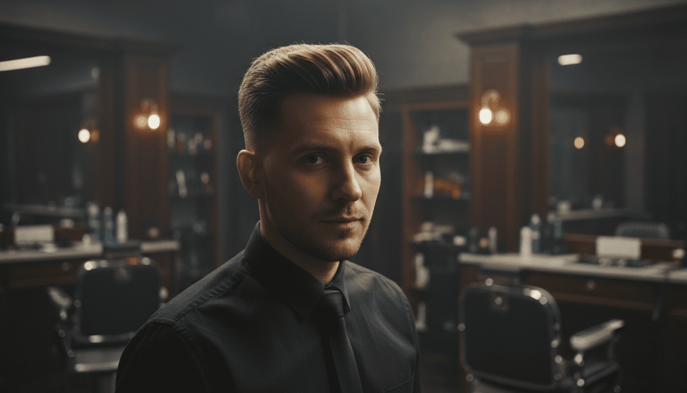 Cinematic, photorealistic medium shot of a stylish, well-groomed man in his early 30s showcasing a modern, trending haircut like a textured quiff with a clean, low fade. He is in a sophisticated, dimly lit barbershop environment featuring dark wood, black leather, and subtle chrome accents, creating a high-end, masculine ambiance. Dramatic, volumetric lighting casts sharp highlights and deep shadows, emphasizing the texture and precise lines of his haircut and his confident, refined expression. The focus is razor-sharp on the man's hair and face, with a shallow depth of field softening the upscale barbershop background into an artistic bokeh. The image embodies award-winning photography, 8k resolution, high contrast, and an elevated masculine aesthetic.