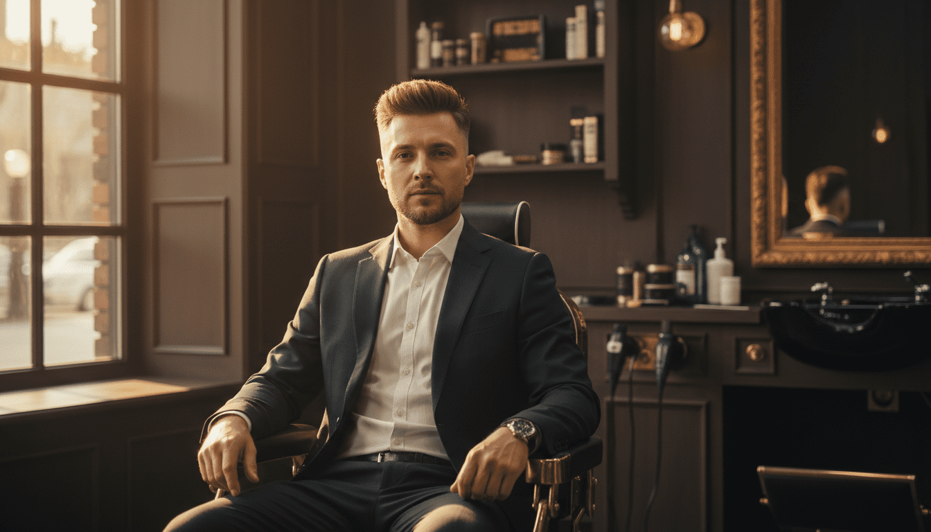 Photorealistic, cinematic shot of a stylish man in his late 30s sitting in a classic, high-end barbershop chair. He has a fresh, precisely executed mid fade haircut with textured, slightly tousled hair on top, showcasing the clean gradient of the fade. The lighting is dramatic, with warm, golden hour light streaming in from a nearby window, creating soft highlights and deep shadows, emphasizing the rich textures of his hair and the dark wood and black leather interior of the barbershop. The background is slightly blurred with a shallow depth of field, focusing attention on the man and his haircut. He has a confident, relaxed expression. The overall aesthetic is sophisticated, modern, and impeccably groomed. 8k, extremely detailed, high contrast, volumetric lighting.