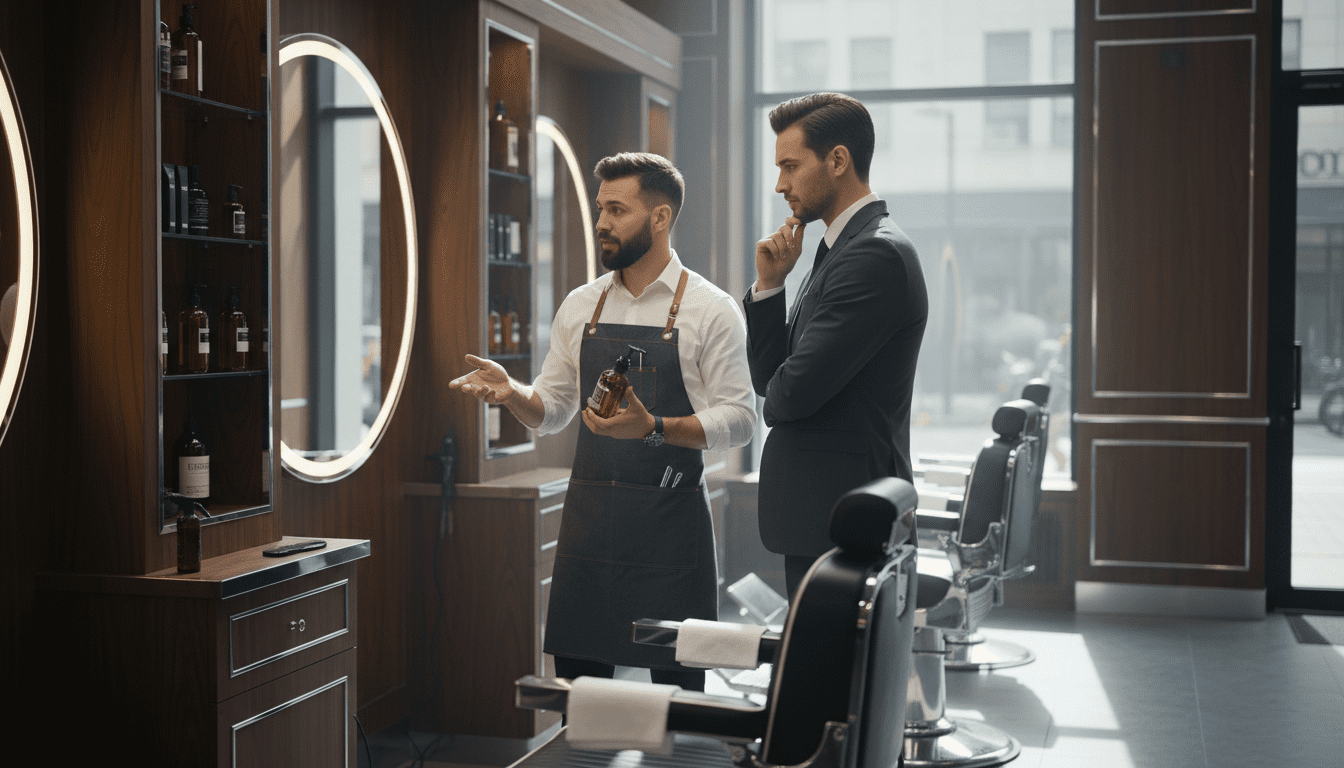 A highly detailed, photorealistic, cinematic award-winning photograph set within a clean, modern, and sophisticated barbershop environment. The scene captures a discerning, stylish man in his late 20s to early 40s examining his reflection in a large, well-lit mirror, subtly assessing the shop's atmosphere. Beside him, a master barber, exuding professionalism and expertise, is attentively discussing grooming options or demonstrating a technique with subtle hand gestures, perhaps holding a comb or showing a product. The focus should be on the interaction and the client's thoughtful consideration, implying the process of choosing the right barber. The barbershop interior features rich textures like dark wood, polished chrome, and clean leather seating, conveying a high-end, trustworthy establishment. The lighting is cinematic, employing soft, volumetric light that creates depth and highlights the details of the space and the individuals, with a shallow depth of field to keep the focus sharp on the man and barber. 8k resolution, ultra-detailed, professional photography.