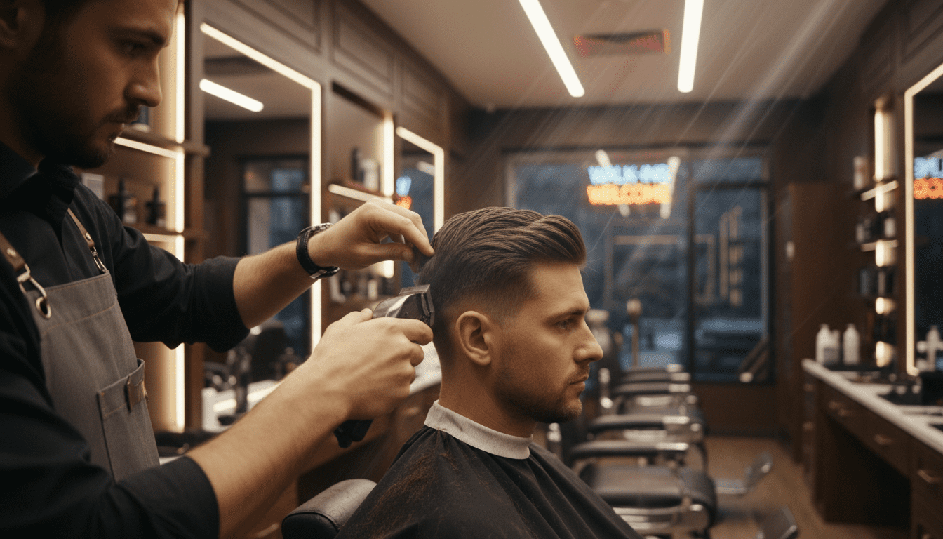 Cinematic, photorealistic shot capturing the immediate availability of a barbershop. A stylish, well-groomed man in his late 20s is receiving a precise haircut from a skilled barber inside a high-end, modern barbershop. The environment features dark wood, polished chrome, and subtle ambient lighting. The barber is expertly using clippers on the man's hair, with a focus on the clean lines of the cut. The lighting is dramatic and cinematic, with volumetric rays highlighting hair texture and creating a sense of urgency and professionalism. The depth of field is shallow, blurring the upscale shop in the background to keep the focus sharp on the haircut in progress, conveying expertise and immediate service. 8k resolution, award-winning photography, high contrast.