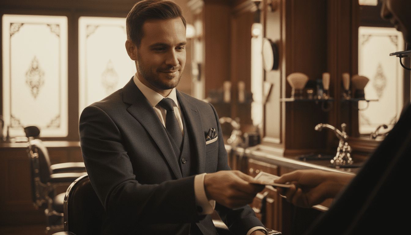 photorealistic, award-winning photography, 8k, extremely detailed, cinematic volumetric lighting, high contrast, a sophisticated, well-dressed man in his late 30s, with a subtle smile, is discreetly placing a folded bill into the hand of an unseen barber, the scene is set in a dimly lit, high-end barbershop with rich wood paneling and hints of chrome, capturing the moment of a polite and professional transaction in warm, atmospheric lighting with a shallow depth of field.