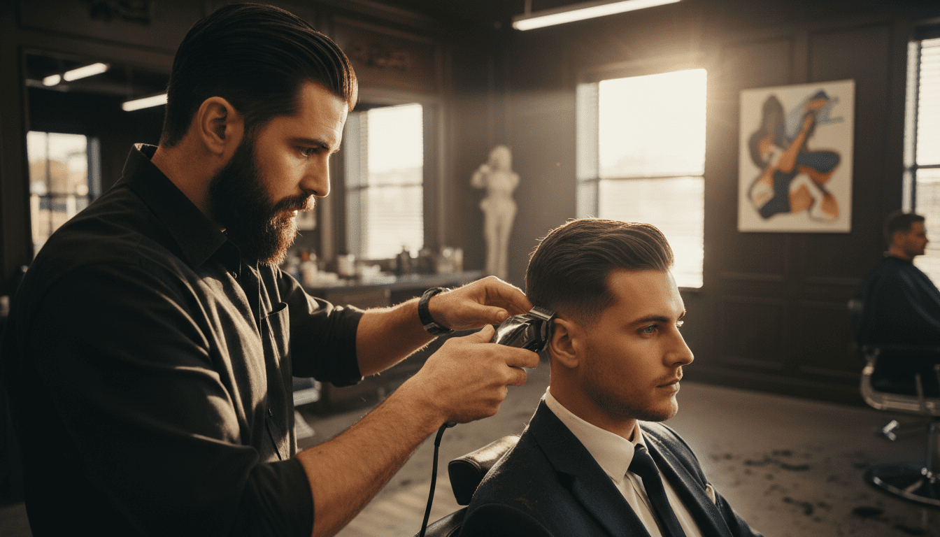 Photorealistic, cinematic interior shot of a high-end barbershop in Anaheim. The scene is bathed in warm, soft, golden hour light, creating a luxurious ambiance. In the foreground, a skilled barber, mid-30s, with impeccable grooming, is meticulously using professional hair clippers for a precise fade on a stylish, well-dressed man in his late 20s. The focus is sharp on the barber's hands and the clippers, showcasing the clean lines being created. The client is looking thoughtfully ahead, conveying confidence. The background features rich, dark wood paneling, polished chrome accents, and subtle hints of a modern, clean aesthetic. The depth of field is shallow, blurring the background to emphasize the action and the barber's expertise. 8k resolution, award-winning photography, extremely detailed, cinematic volumetric lighting, high contrast.