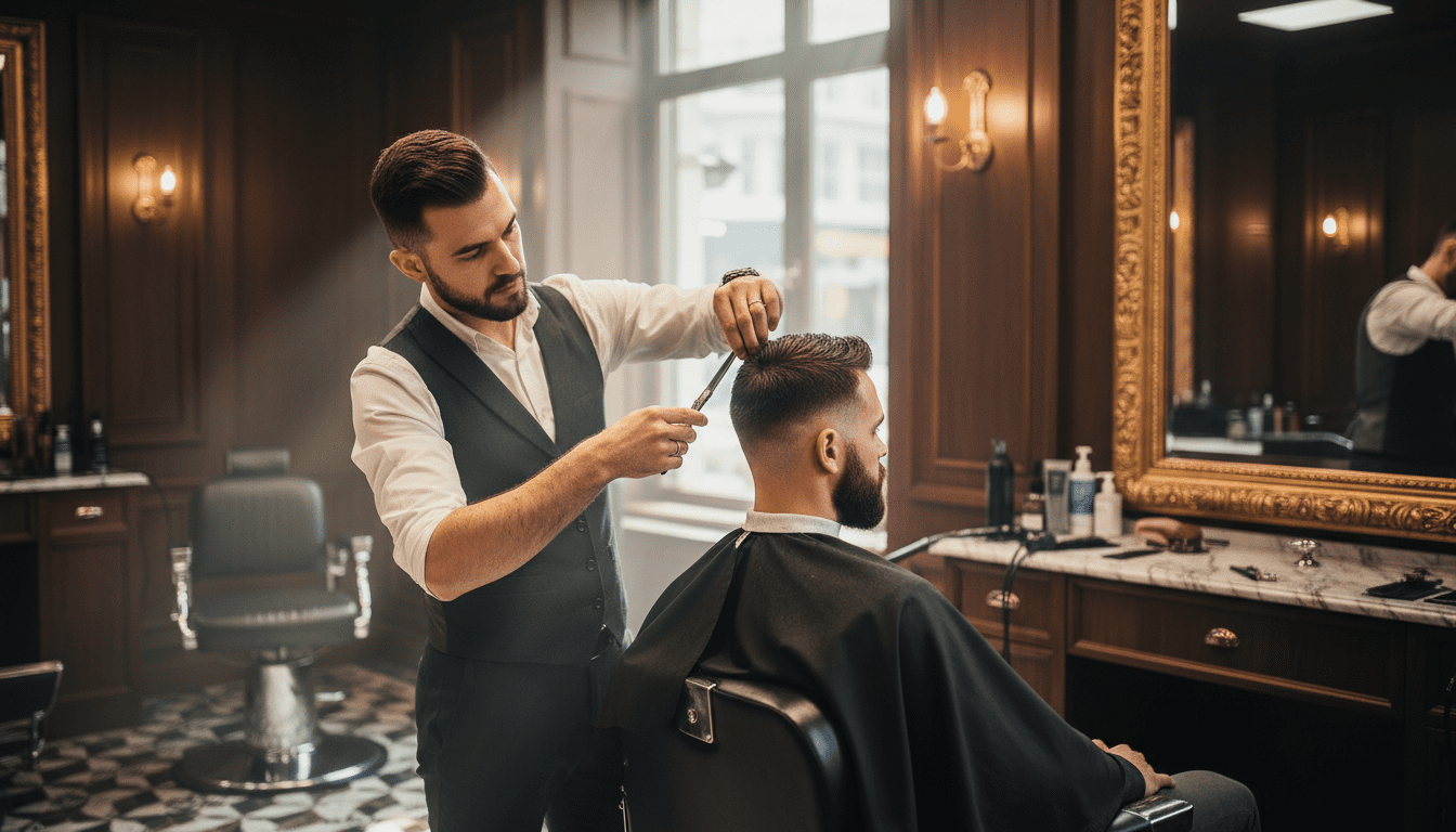 A highly detailed, photorealistic, cinematic award-winning photograph. The scene is set in a sophisticated, modern-classic barbershop with dark wood paneling, plush black leather barber chairs, and subtle chrome accents. A master barber, exuding expertise and confidence, is in the process of demonstrating a popular modern haircut trend, perhaps showcasing a textured crop or a meticulously blended fade on a stylishly groomed man in his late 20s to early 40s. The man is seated, looking relaxed and engaged, possibly glancing at a mirror or interacting subtly with the barber. The focus is on the barber's skilled hands and the hair being styled, capturing the essence of adapting a trend. The lighting is cinematic, with volumetric light casting soft shadows and highlighting the hair's texture and the shop's rich details. The depth of field is shallow, ensuring the subject and the barber's technique are in sharp focus, while the background elements contribute to the high-end atmosphere. 8k resolution, ultra-detailed, professional photography.
