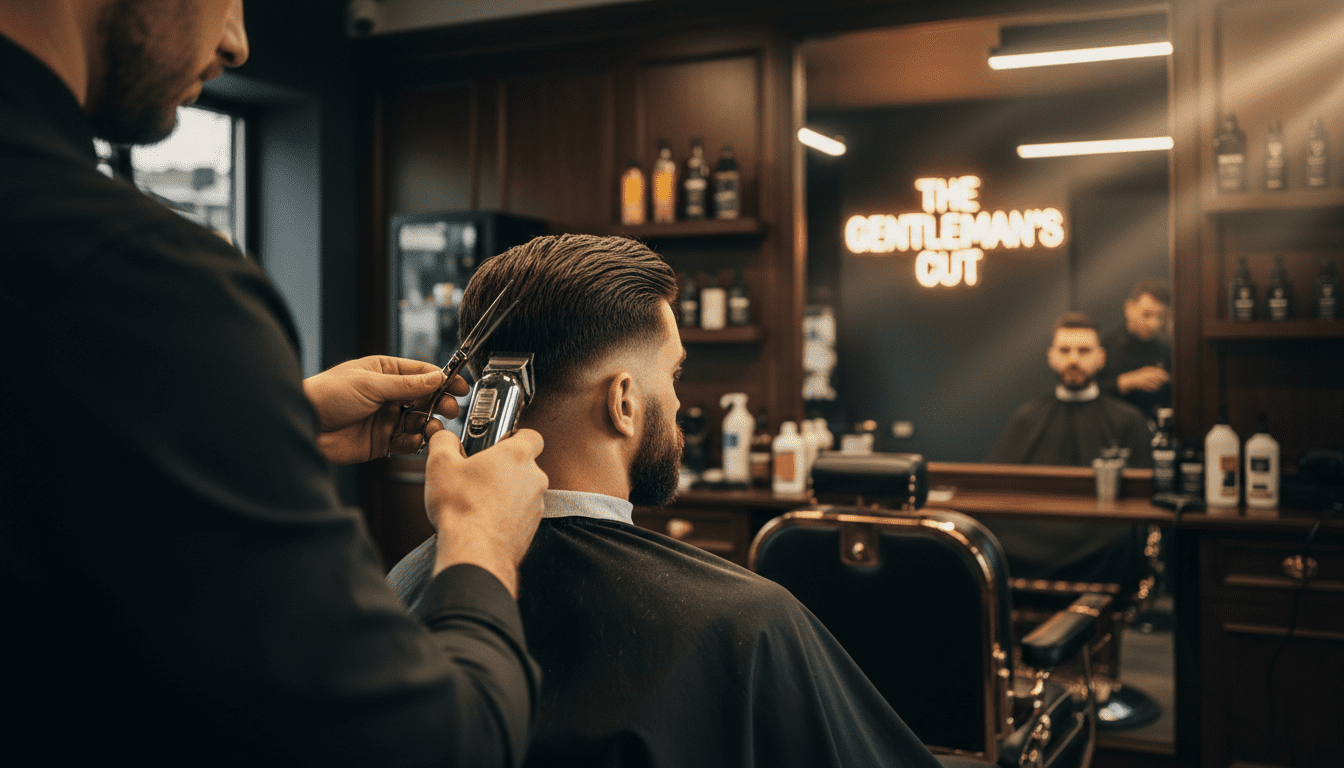 Photorealistic, award-winning photography of a stylish, well-groomed man in his 30s receiving a precise haircut in a sophisticated, modern-classic barbershop. The scene is captured with a shallow depth of field, focusing sharply on the barber's hands as they expertly use clippers and scissors to create a sharp fade on the man's hair. Cinematic volumetric lighting casts warm, dramatic shadows, highlighting the rich textures of the man's dark hair and the polished chrome of the barber's tools. The background subtly showcases elements of the upscale barbershop: dark wood paneling, black leather barber chairs, and a faint, ambient glow from a neon sign reflected in a large, clean mirror. The perspective is a slightly low-angle, over-the-shoulder shot from the barber's viewpoint, emphasizing the meticulous craft and the transformative nature of the haircut. The man has a confident, relaxed expression, embodying the "perfect style" achieved through expert advice. 8k resolution, high contrast.