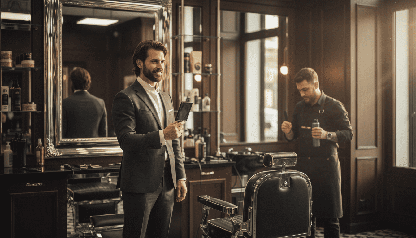A photorealistic, cinematic image set in a high-end, modern-classic barbershop. The scene features a stylish, well-groomed man in his late 20s to early 40s, confidently examining his medium-length haircut in a large, clean mirror. The lighting is soft, volumetric golden hour, casting a warm glow that highlights the rich textures of dark wood, black leather, and polished chrome accents within the sophisticated barbershop environment. The man's medium-length hair is perfectly styled, showcasing subtle volume and texture that complements his facial features and conveys confidence and polish. His expression is one of satisfaction and self-assurance. In the background, slightly out of sharp focus due to a shallow depth of field, a skilled barber is subtly visible, perhaps holding a comb or styling product, hinting at the expert craftsmanship involved without being the primary subject. The overall image conveys a sense of refined style and expertise in men's grooming, with an emphasis on achieving the perfect medium-length haircut. Award-winning photography, 8k, extremely detailed, high contrast.