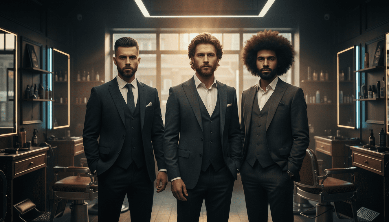 A photorealistic, cinematic image showcasing three distinct, stylishly groomed men, each representing a different hair type: one with sleek, straight dark hair styled in a textured crop, another with natural, defined waves styled into a messy quiff, and the third with vibrant, well-maintained curls styled in an amplified afro. They are standing in a sophisticated, modern barbershop bathed in cinematic, volumetric lighting that highlights the rich textures of their hair and the premium feel of the environment – think dark wood, brushed metal, and ambient, subtle neon accents. The men are looking confidently towards the viewer, embodying the successful outcome of finding the perfect haircut for their specific hair type. Award-winning photography, 8k resolution, sharp focus, high contrast.