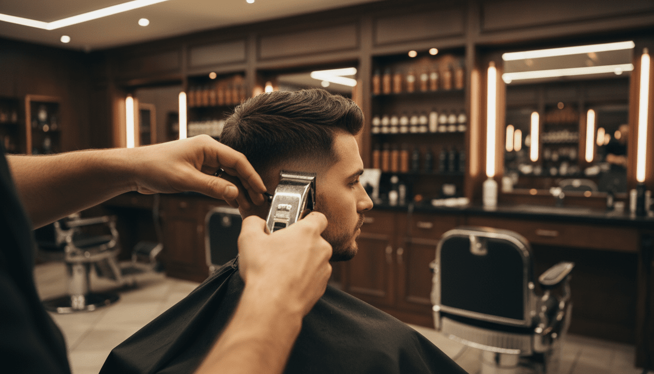 Photorealistic, cinematic interior shot of a clean, modern barbershop with dark wood accents, black leather barber chairs, and subtle, warm lighting. The image focuses on a barber's hands in the foreground, carefully holding a pair of professional hair clippers, positioned mid-way through a precise fade on a male client's head. The client, a stylish man in his late 20s to early 30s, is partially visible, his expression serene as he receives the service. The background is softly out of focus, hinting at the professional atmosphere with reflections in mirrors and neatly arranged styling products. The lighting emphasizes the textures of the hair and the barber's tools, creating a high-contrast, detailed, and luxurious feel. 8k resolution, award-winning photography, extremely detailed, cinematic volumetric lighting.
