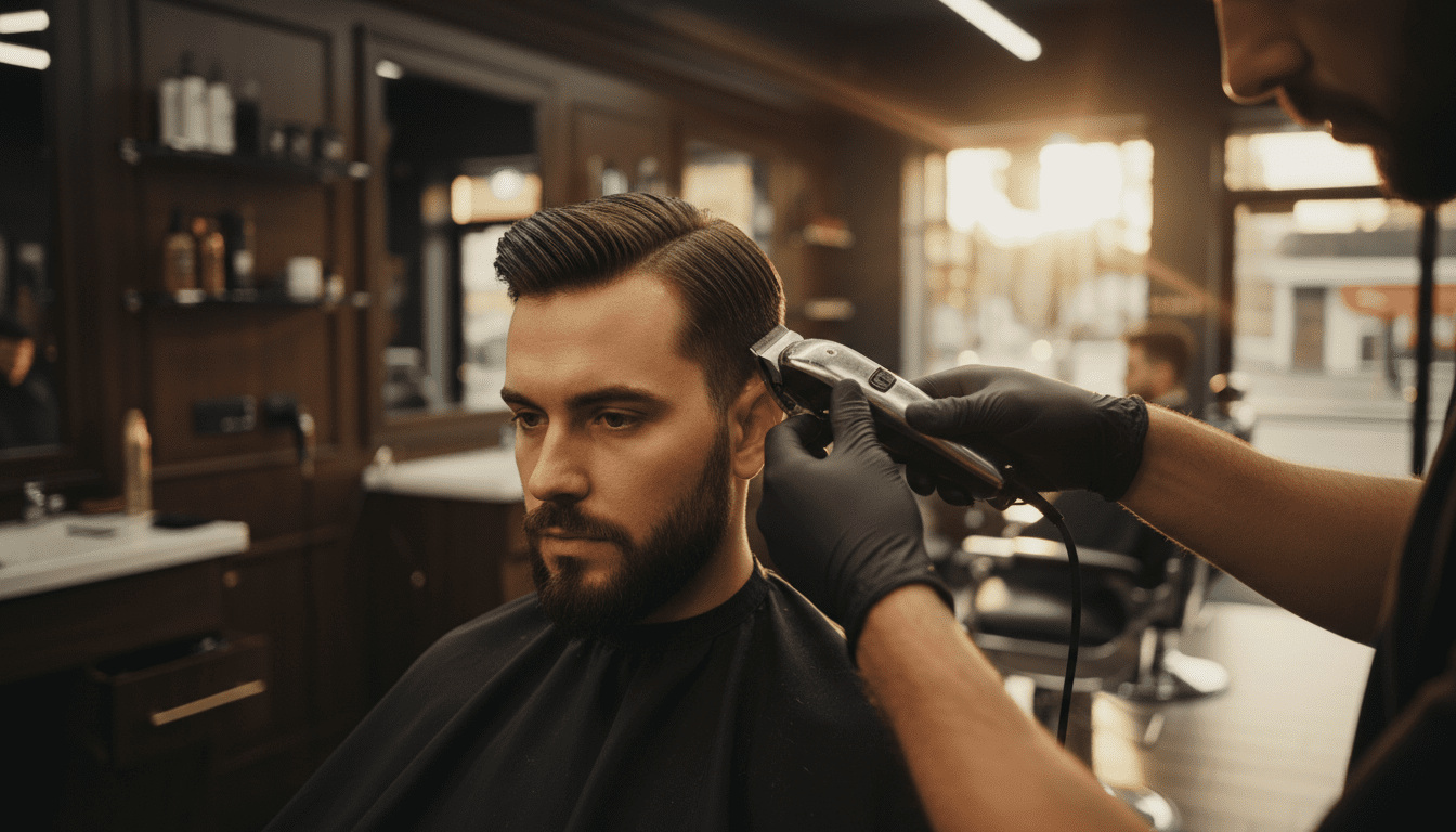 Photorealistic, cinematic shot in a high-end, modern barbershop with dark wood, black leather, and subtle chrome accents. The image focuses on a well-groomed man in his late 20s, looking intently at a barber's hands as they expertly hold a pair of professional hair clippers, about to begin a fade. The barber, focused and professional, is positioned slightly out of sharp focus in the foreground, creating a shallow depth of field that highlights the clippers and the initial stage of the haircut. The lighting is dramatic and warm, reminiscent of golden hour, casting soft shadows and emphasizing the rich textures of the hair and the clean lines of the barbershop environment. The overall mood is one of skilled craftsmanship and attainable quality, implying value for money. 8k resolution, award-winning photography, extremely detailed, cinematic volumetric lighting, high contrast.
