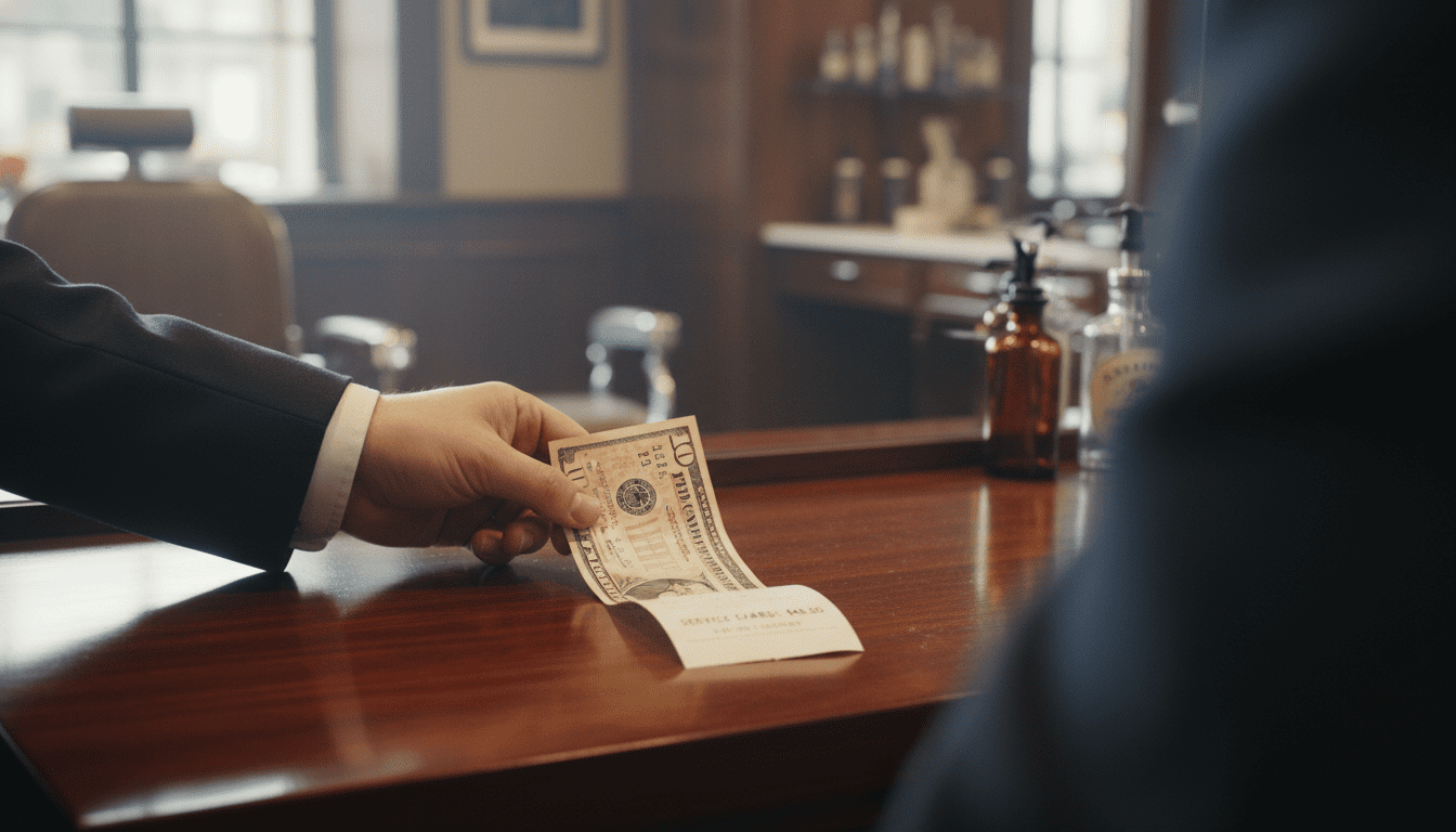 A highly detailed, photorealistic, cinematic award-winning photograph. The scene depicts a close-up, slightly over-the-shoulder perspective from a client's viewpoint, subtly showing a hand placing a $10 bill onto a polished dark wood countertop next to a barber's receipt that clearly shows a $40 service charge. The focus is sharp on the hand, the bill, and the receipt, with the background softly blurred to reveal the luxurious, high-end interior of a modern classic barbershop—think rich dark wood, subtle chrome accents, and perhaps the warm glow of ambient lighting. The lighting is cinematic, with soft volumetric light emphasizing the textures and creating a sophisticated, respectful atmosphere that communicates appreciation without being overt. The image should convey a sense of professional courtesy and acknowledgment of skilled service. 8k resolution, ultra-detailed, professional photography.