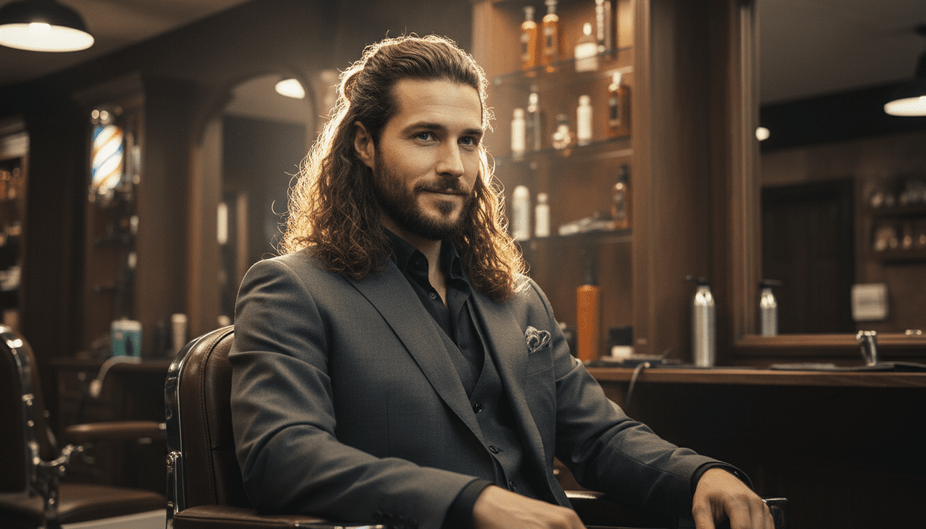A highly detailed, photorealistic, cinematic award-winning photograph showcasing a stylish man in his late 20s to early 40s with well-groomed, long hair, styled in a sophisticated manner that highlights its health and texture, perhaps a neatly tied man bun or flowing locks with subtle movement. He is exuding confidence and sophistication. The setting is an upscale, modern barbershop with rich, dark wood finishes, polished chrome accents, and subtle, warm ambient lighting that creates a luxurious atmosphere. Dramatic cinematic lighting with volumetric rays illuminates the scene, highlighting the texture and sheen of his hair and the ambient environment. The focus is razor-sharp on the man and his expertly styled long hair, with a shallow depth of field artfully blurring the background elements of the high-end barbershop. 8k resolution, ultra-detailed.