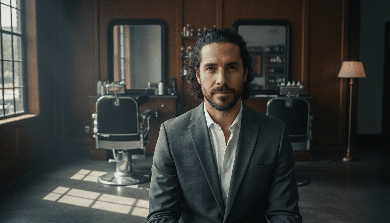A highly detailed, photorealistic, cinematic award-winning photograph capturing a stylish, well-groomed man in his late 20s to early 40s with expertly styled long hair, showcasing a popular modern long haircut like subtle layers or a well-executed man bun with texture. He is looking confidently towards the viewer. The scene is set within a sophisticated, modern barbershop environment, featuring rich dark wood paneling, sleek black leather barber chairs, and subtle chrome accents, hinting at high-end quality without explicit branding. Cinematic volumetric lighting casts dramatic shadows and highlights, emphasizing the texture and depth of his long hair and the luxurious ambiance of the space. The focus is incredibly sharp on the man and his hair, with a shallow depth of field creating a beautifully blurred, atmospheric background. 8k resolution, ultra-detailed, professional photography.
