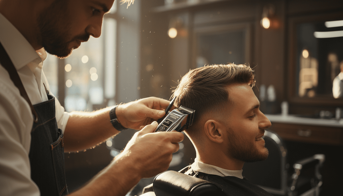 A photorealistic, cinematic image capturing a close-up, over-the-shoulder view of a master barber meticulously using high-quality clippers on a stylish man's hair. The focus is on the precision of the cut and the texture of the hair being shaped, with a subtle bokeh effect blurring the background to reveal hints of a sophisticated, dimly lit barbershop with dark wood and chrome accents. Soft, golden hour lighting highlights the client's features and the barber's focused expression, emphasizing the personalized and expert nature of the haircutting process. The client appears relaxed and confident, embodying the assurance that comes from receiving tailored advice. 8k, award-winning photography, shallow depth of field, rich textures, sharp focus, volumetric lighting.