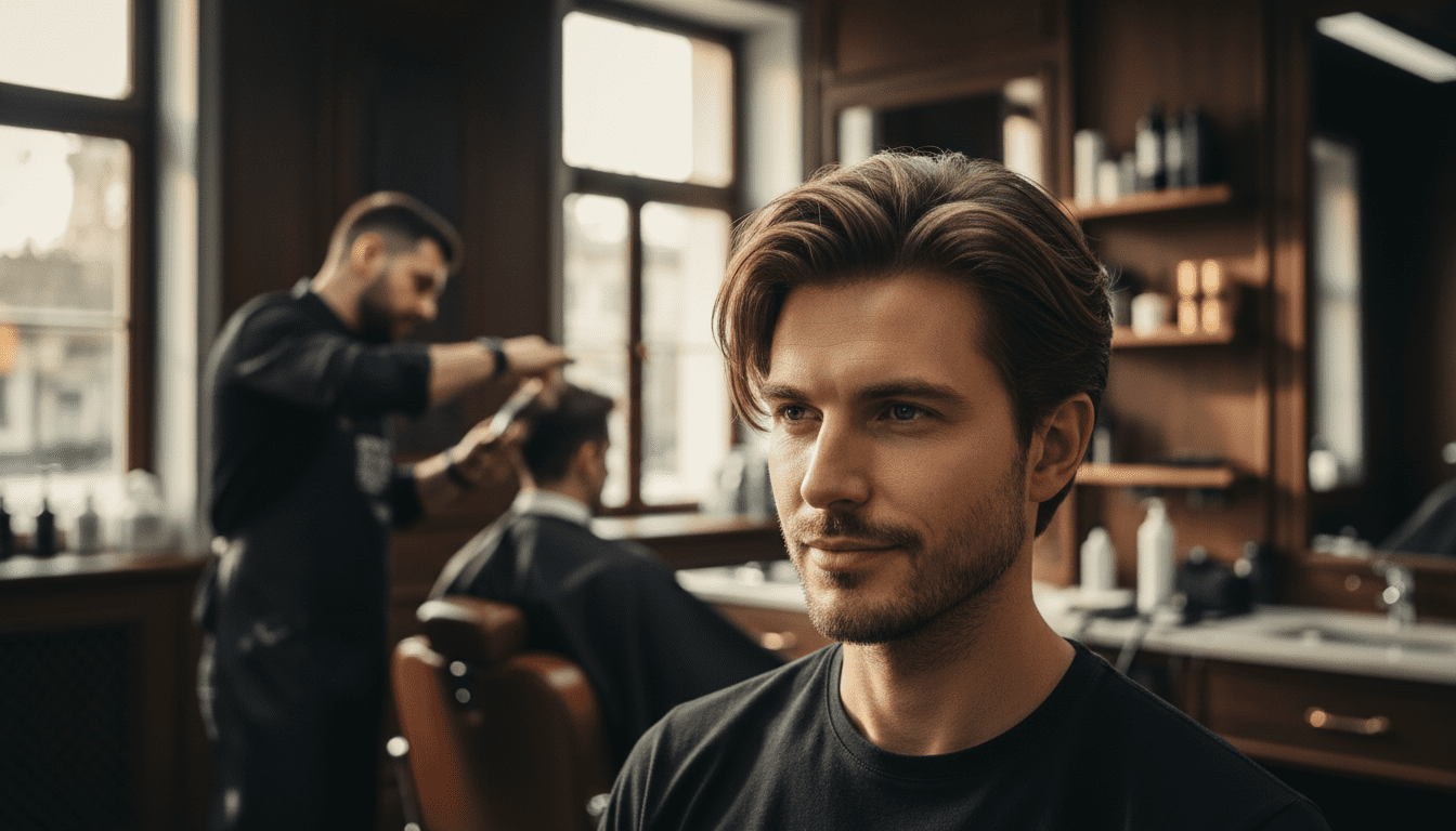 Photorealistic, cinematic shot of a stylish man in his early 30s with a perfectly executed medium length textured haircut, subtly tousled with a natural flow, exuding effortless sophistication. He is standing in a high-end, modern barbershop with rich dark wood, polished chrome accents, and warm, ambient lighting characteristic of golden hour. The focus is sharp on the man and his hair, with a shallow depth of field blurring the background. He is looking slightly away from the camera, perhaps contemplating his next style, with a slight smile. In the softly blurred background, a barber is subtly applying product to another client's hair with clean, professional tools, emphasizing the expertise and care. Award-winning photography, 8k, extremely detailed, volumetric lighting, high contrast.