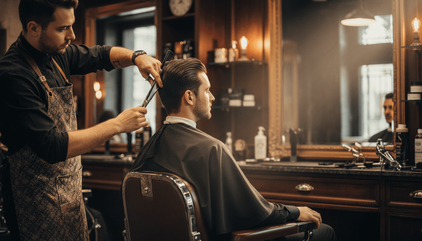 A highly detailed, photorealistic, cinematic award-winning photograph. The scene captures a master barber in a stylish, modern-classic barbershop setting (dark wood, leather chairs, chrome accents) meticulously executing the scissor-over-comb technique on a well-groomed, sophisticated man in his 30s. The barber's hands are focused, showing precision, but the exact positioning of fingers is not the primary focus; instead, the emphasis is on the seamless blend being created in the hair. The man is seated, looking calmly ahead or slightly to the side, exuding confidence. The lighting is cinematic, utilizing subtle volumetric light to highlight the texture of the hair and the rich materials of the barbershop, creating a sophisticated and high-end atmosphere. The focus is sharp on the barber's action and the hair being cut, with a shallow depth of field blurring the background to keep the attention on the craft. 8k resolution, ultra-detailed, professional photography.