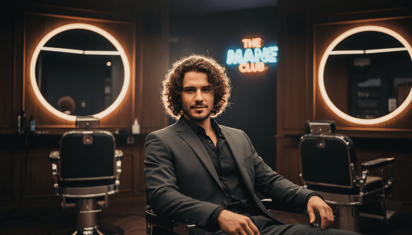 A photorealistic, cinematic image inside a sophisticated, modern barbershop with dark wood paneling, plush black leather chairs, and subtle chrome accents. The focus is on a stylish man in his late 20s to early 40s with well-defined, voluminous curly hair, possibly styled in a textured crop or a medium-length cut that showcases natural waves. He is looking confidently towards the viewer, perhaps with a slight, knowing smile, exuding self-assurance. Cinematic volumetric lighting creates dramatic highlights and shadows, emphasizing the texture and bounce of his curls and the high-end ambiance of the shop. A subtle glow from a neon sign might be visible in the background, adding to the atmosphere. Award-winning photography, 8k resolution, sharp focus, high contrast.