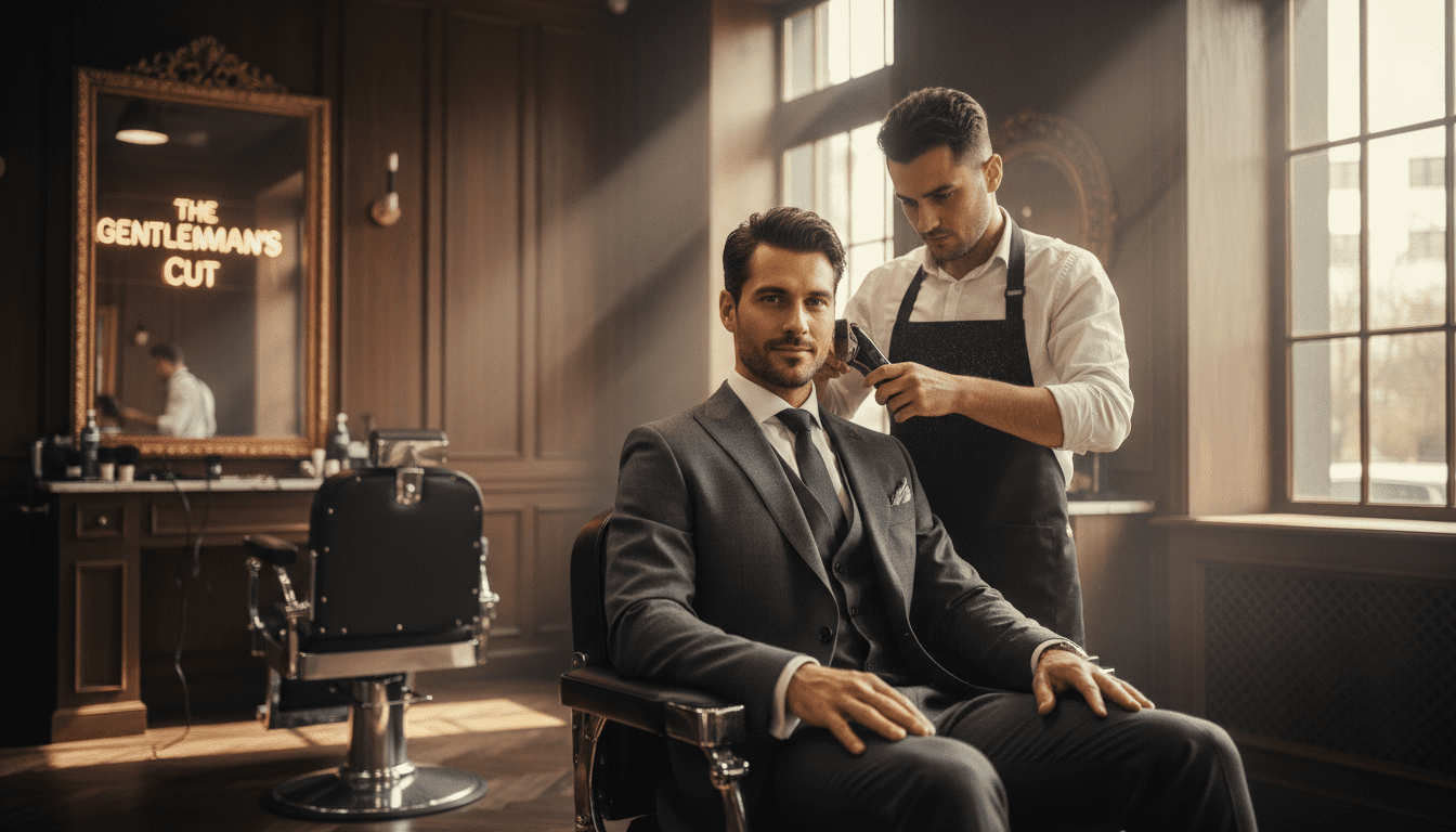 A photorealistic, high-resolution image set within a sophisticated, modern-classic barbershop. The lighting is cinematic, with warm, low-key volumetric light casting subtle shadows that highlight rich textures of dark wood, black leather, and polished chrome. A stylish, well-groomed man in his late 20s to early 40s is seated in a plush barber chair, looking confidently ahead as a skilled barber, also well-groomed, stands beside him. The barber is in the process of a precise haircut, using professional clippers on the side of the man's head with a soft hum, the focus sharp on the man's hair and the barber's skillful hand, but avoiding a close-up on the fingers themselves. The man's expression conveys satisfaction and confidence, embodying the successful outcome of expert consultation and grooming. The background is slightly blurred with a shallow depth of field, hinting at a clean, upscale barbershop environment without distracting details, perhaps a glimpse of a stylish mirror or a subtle, warm glow from an unseen neon sign. The overall mood is one of expertise, quality, and refined style, reflecting the core concept of achieving a perfect, confident look through professional services. Award-winning photography, 8k, extremely detailed, high contrast.