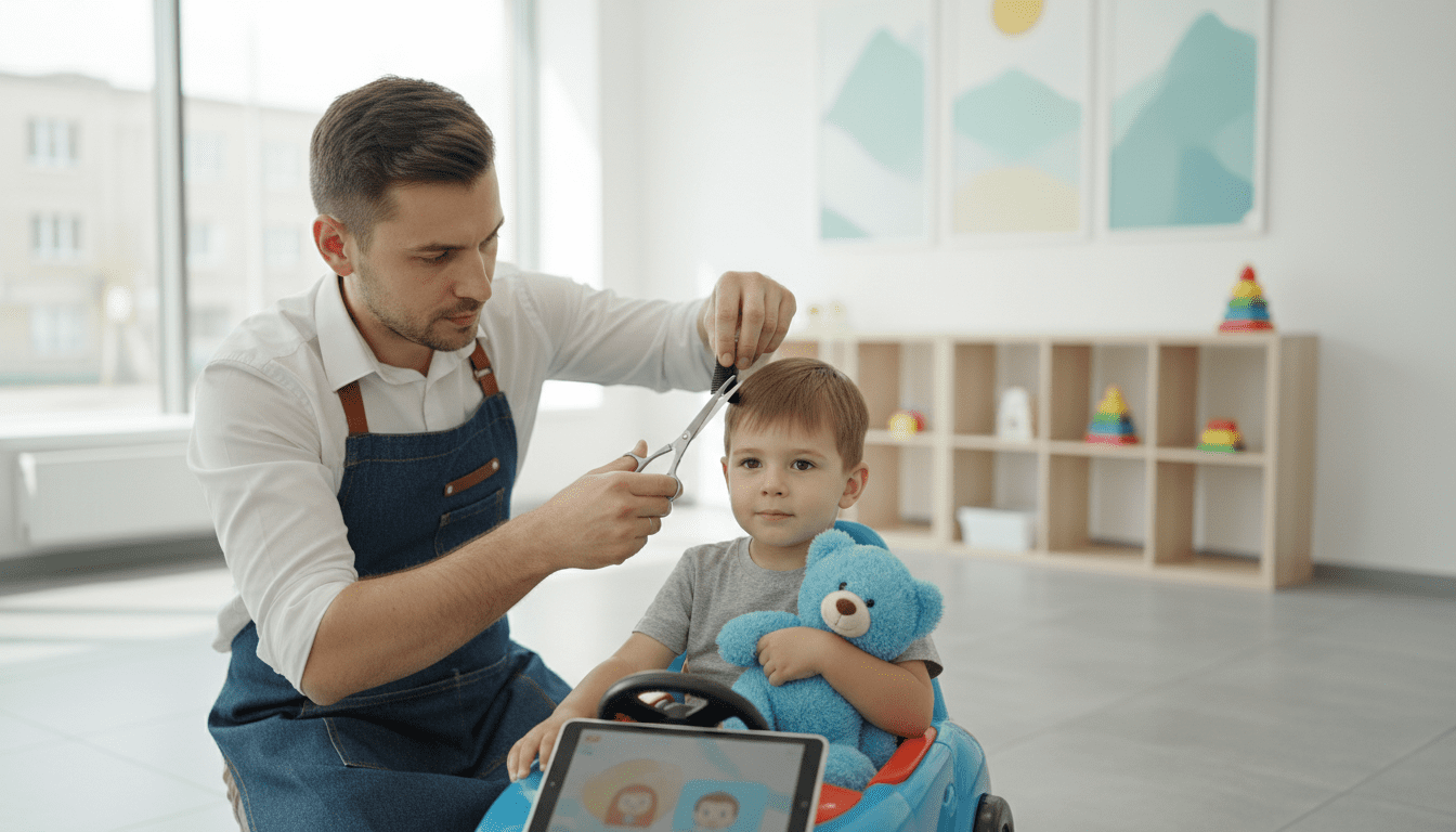A high-resolution, photorealistic image capturing a moment of calm within a brightly lit, modern, and exceptionally clean children's barbershop setting. The scene is bathed in soft, even, natural light, emphasizing a welcoming and sensory-friendly atmosphere. In the foreground, a patient and friendly male barber, in his mid-30s, is gently and safely trimming the hair of a young boy (around 5-7 years old) who is seated in a specialized, comfortable child-sized barber chair. The boy is looking forward with a calm, engaged expression, perhaps holding a small, soft toy or watching a muted, age-appropriate tablet screen mounted discreetly nearby. The barber is holding professional, child-safe scissors and comb with meticulous care, his focus entirely on the child's comfort and the precision of the cut, ensuring no sharp tools are directly visible in a precarious manner. The background subtly displays kid-friendly decor – perhaps some colorful, non-overstimulating artwork or child-safe shelves with toys – but the overall aesthetic remains clean and professional. The emphasis is on safety, trust, and a positive, stress-free experience, conveying the article's core message of haircut safety tips for children. Cinematic lighting, award-winning photography, extremely detailed, 8k.