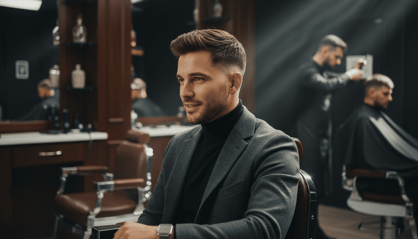 Cinematic, photorealistic portrait of a stylish man in his early 30s showcasing a perfectly executed modern short haircut – a textured crop with sharp, clean faded sides that highlight his facial features. He is positioned within a high-end, dimly lit barbershop, bathed in dramatic, volumetric lighting that emphasizes rich textures of dark wood, polished chrome, and soft leather. The depth of field is shallow, drawing sharp focus onto the man's haircut and confident expression, while the background subtly features a skilled barber in the process of styling another client's hair with precision clippers, conveying an atmosphere of expert craftsmanship. The overall mood is sophisticated and masculine, captured with award-winning photography quality in 8k resolution with high contrast.