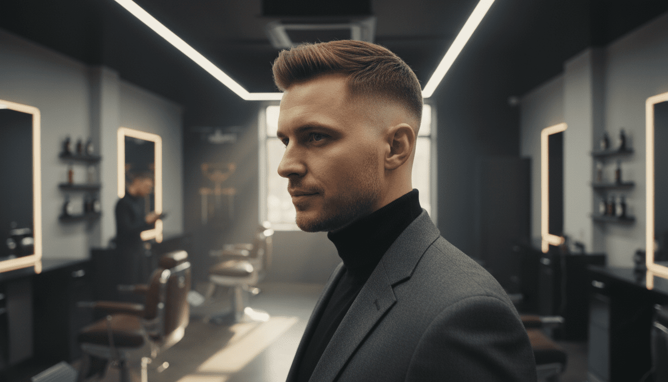 photorealistic, award-winning photography, 8k, extremely detailed, cinematic volumetric lighting, high contrast, a stylish man in his 30s with a confident expression, showcasing a classic, short, texturized crop haircut with a sharp fade, standing in a modern, minimalist barbershop setting with clean lines, dark leather seating, and subtle, warm ambient lighting, emphasizing the precision and style of a well-executed men's haircut.