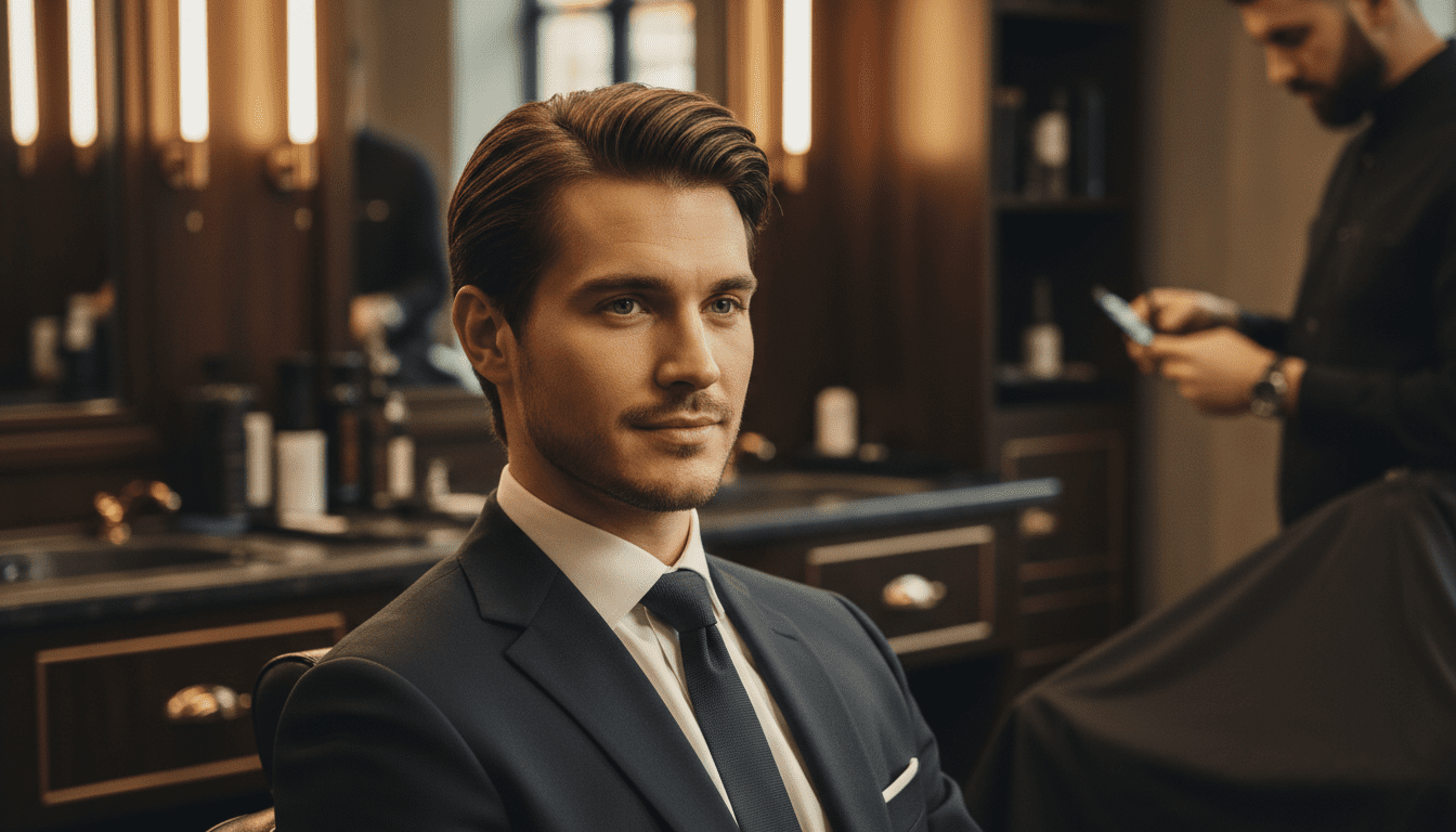 Cinematic, photorealistic medium shot of a stylish man in his late 20s with a perfectly executed, low-maintenance medium-length hairstyle – a subtly textured top with a clean side part and neatly tapered sides. He is in a sophisticated, modern barbershop setting, illuminated by warm, dramatic golden hour lighting that casts soft shadows and highlights the rich textures of dark wood and brushed metal. The man has a confident, relaxed expression, exuding effortless polish. In the softly blurred background, a barber is subtly visible, holding a comb and a pair of clippers, implying expert service without drawing focus from the main subject. The image is captured with award-winning photography quality in 8k resolution, featuring sharp focus on the man's hair and a high-contrast, masculine aesthetic.