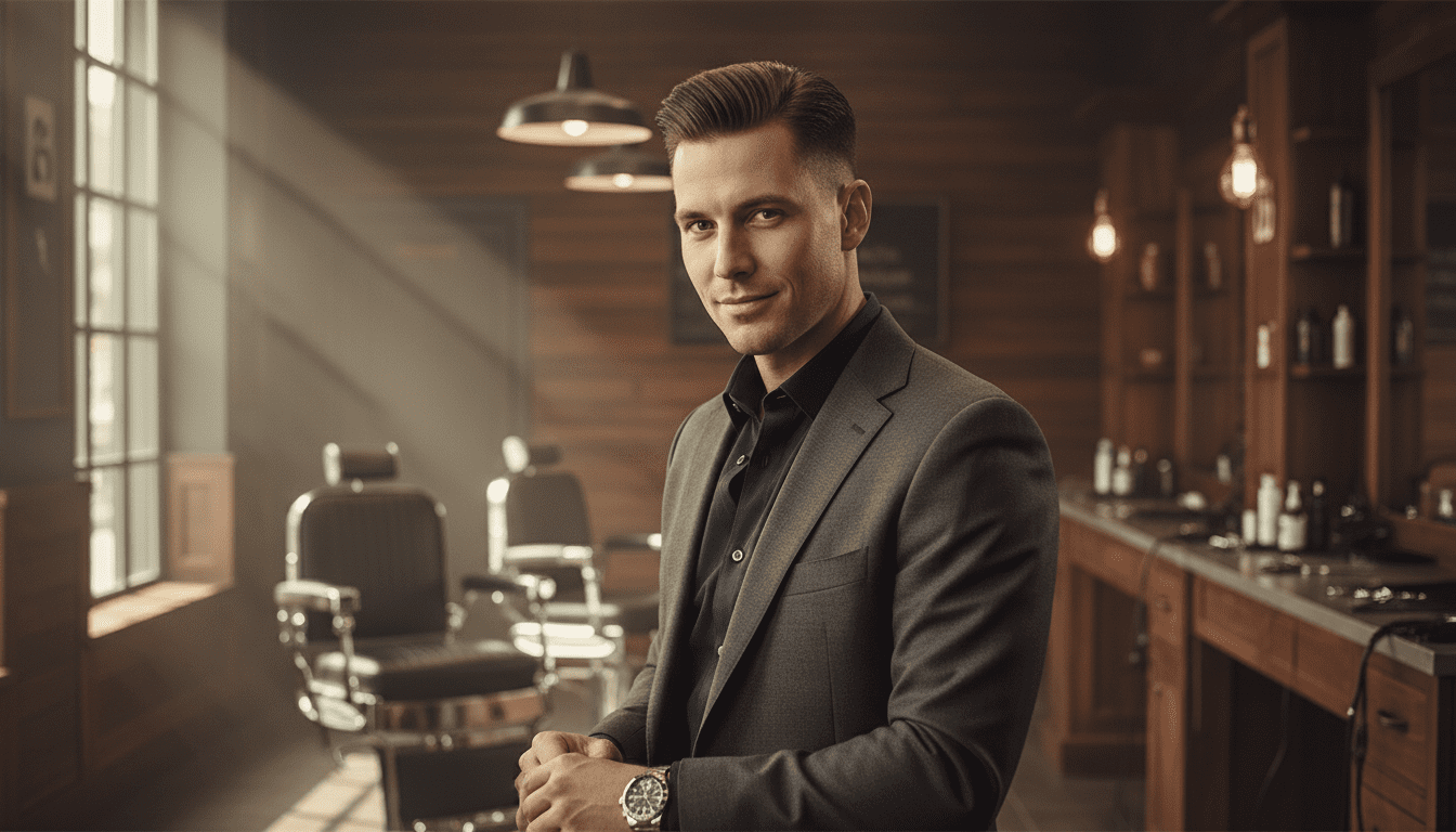 Photorealistic, cinematic award-winning photograph showcasing a stylish man in his late 20s to early 40s with impeccably cut straight hair. He is looking confidently towards the camera, perhaps with a slight, knowing smile. The hairstyle clearly demonstrates a well-executed cut for straight hair, such as a sharp fade on the sides with a neatly styled, slightly textured top, or a clean side part with a polished finish. He is dressed in smart-casual attire that fits a high-end barbershop aesthetic – think a well-fitted dark blazer or a crisp button-down shirt. The setting is an upscale, modern barbershop interior, characterized by rich dark wood, polished chrome accents, and perhaps a subtle, warm glow from ambient lighting. The lighting is cinematic, with dramatic contrast and soft, volumetric light rays that highlight the texture and sharpness of his hair and the luxurious environment. The focus is sharp on the man and his hairstyle, with a shallow depth of field blurring the sophisticated barbershop background. 8k resolution, extremely detailed.