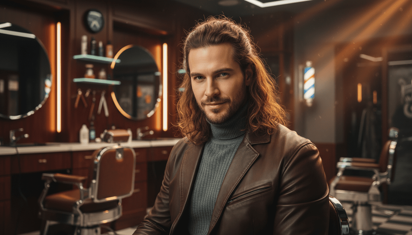 Photorealistic, cinematic award-winning photograph capturing a stylish man in his late 20s to early 40s with well-maintained, long hair. His hair should look healthy and styled, perhaps in a sophisticated man bun or a neatly swept-back look with visible texture and flow. He is looking confidently towards the camera, exuding a sense of groomed sophistication. He is dressed in upscale casual attire, like a dark knit sweater or a well-fitted jacket. The setting is the interior of a high-end, modern barbershop, featuring dark wood, chrome accents, and subtle, warm ambient lighting. The lighting is dramatic and cinematic, with volumetric rays that highlight the texture and sheen of his long hair and the luxurious environment. The focus is sharp on the man and his hairstyle, with a shallow depth of field blurring the upscale barbershop background. 8k resolution, extremely detailed.