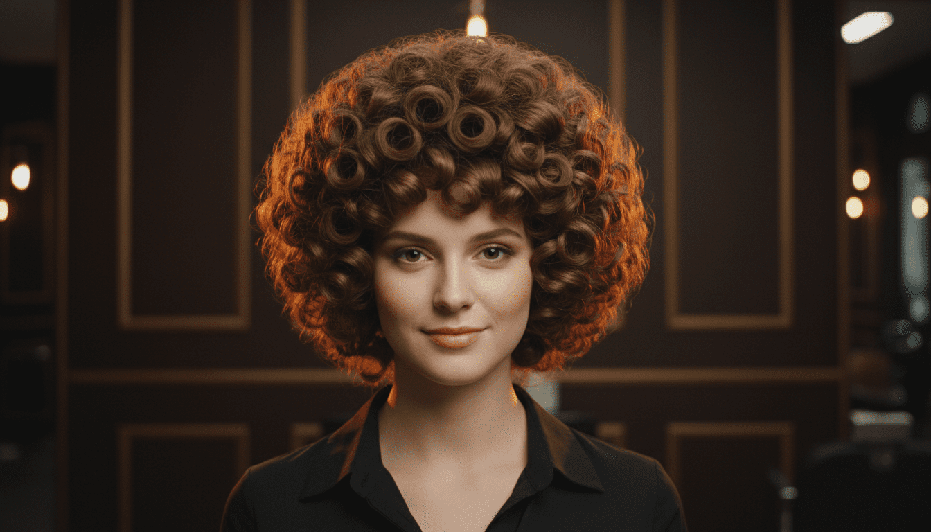 Ultra-photorealistic studio portrait of a White woman with a Bubble Perm hairstyle. They are facing forward. The camera is pulled back for a full-head view. Background: Moody, high-end luxury hair salon with deep espresso tones and warm bokeh. Cinematic amber rim lighting. Sharp focus, professional 8k photography.