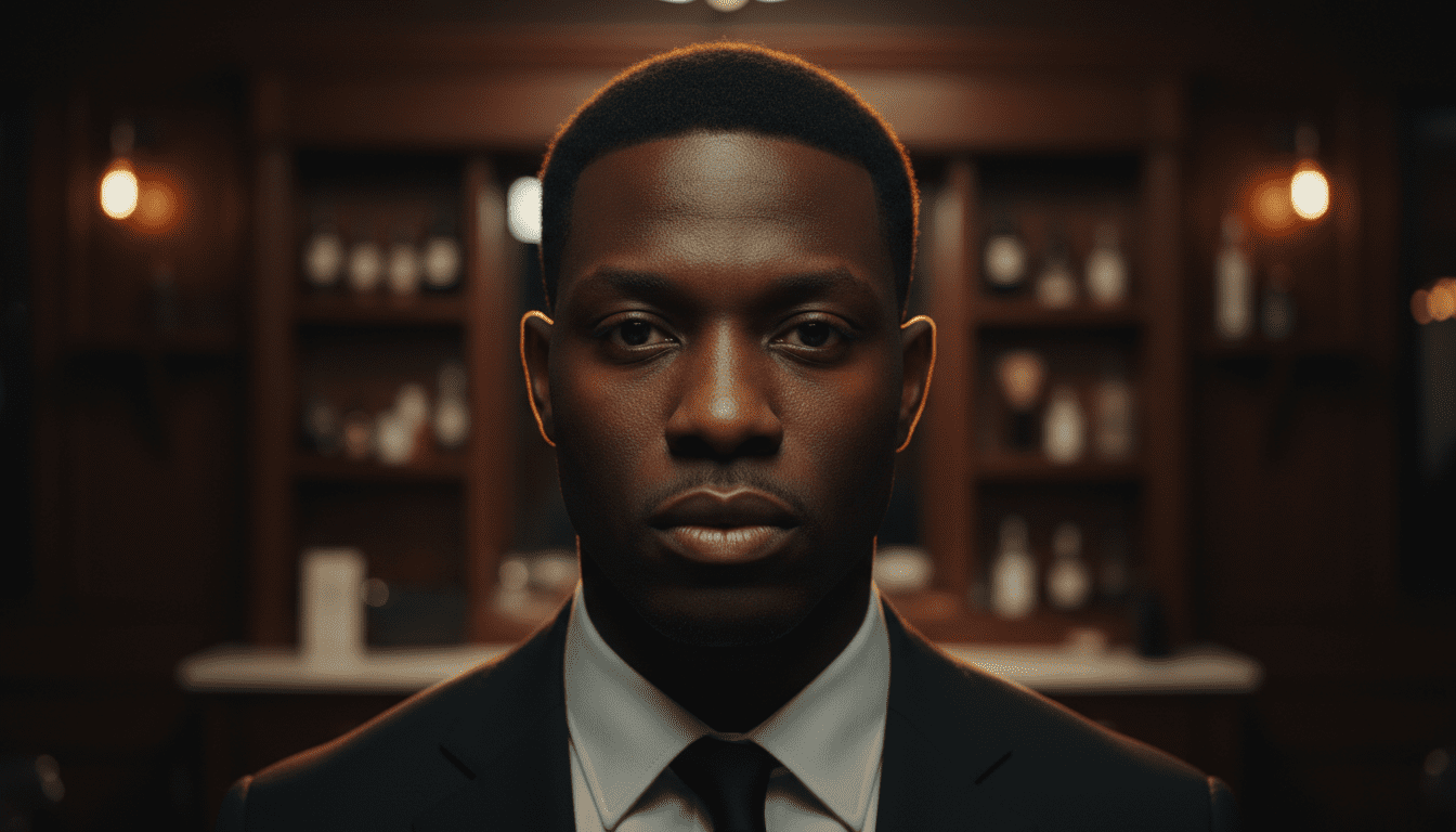 Ultra-photorealistic studio portrait of a Black male with a Buzz Cut hairstyle. They are facing forward. The camera is pulled back for a full-head view. Background: Moody, high-end vintage barbershop with deep espresso tones and warm bokeh. Cinematic amber rim lighting. Sharp focus, professional 8k photography.