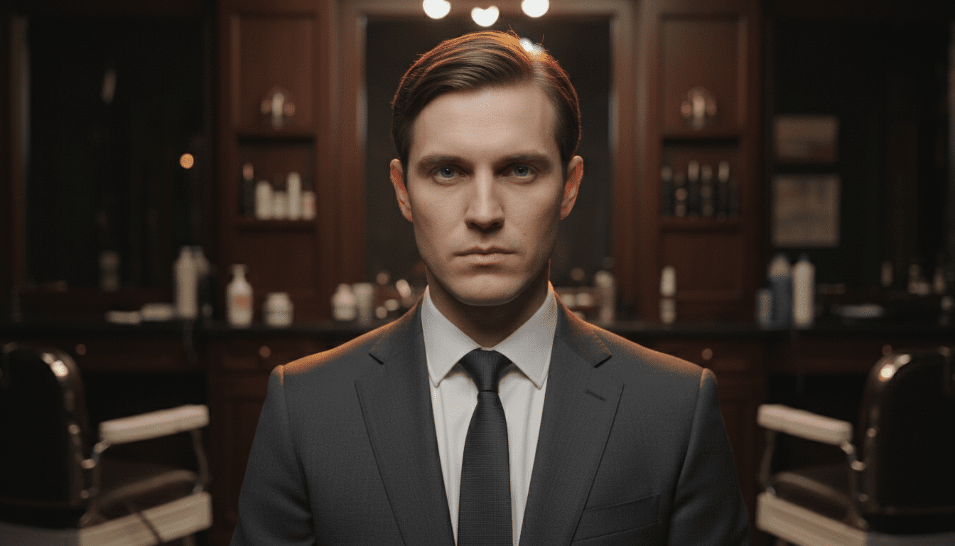 Ultra-photorealistic studio portrait of a White male with a Center Part hairstyle. They are facing forward. The camera is pulled back for a full-head view. Background: Moody, high-end vintage barbershop with deep espresso tones and warm bokeh. Cinematic amber rim lighting. Sharp focus, professional 8k photography.