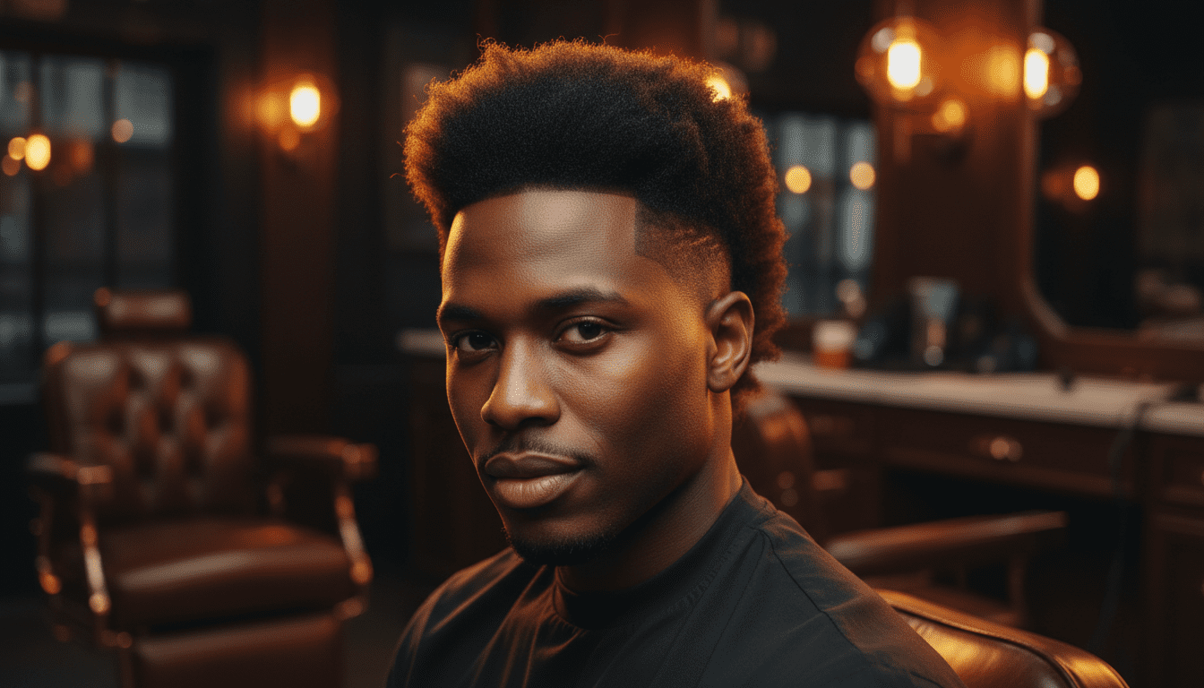 Ultra-photorealistic studio portrait of a Black male with a Disconnected Undercut hairstyle. They are facing forward. The camera is pulled back for a full-head view. Background: Moody, high-end vintage barbershop with deep espresso tones and warm bokeh. Cinematic amber rim lighting. Sharp focus, professional 8k photography.