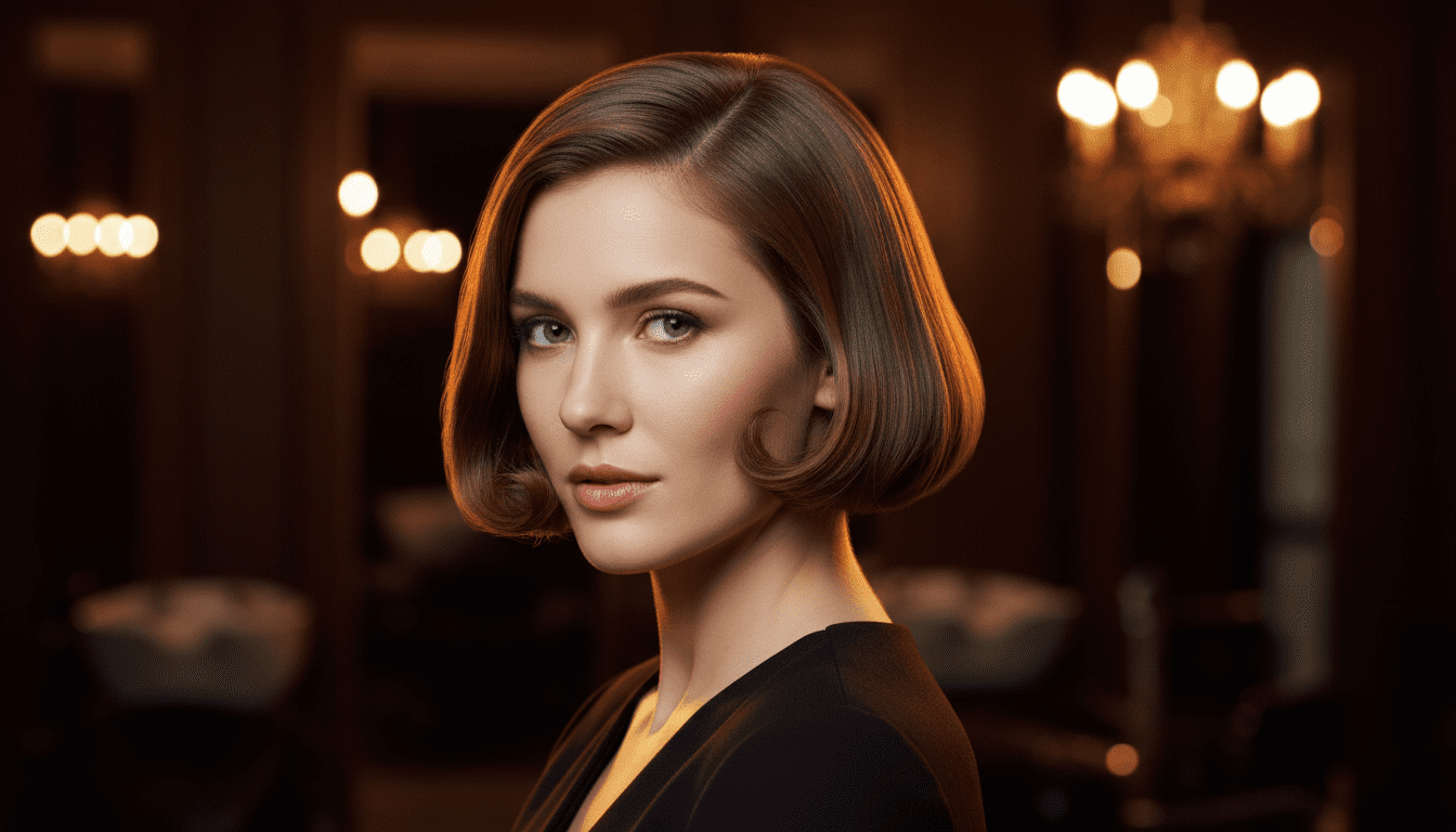 Ultra-photorealistic studio portrait of a White female with a Flicked Bob hairstyle. They are facing forward. The camera is pulled back for a full-head view. Background: Moody, high-end luxury hair salon with deep espresso tones and warm bokeh. Cinematic amber rim lighting. Sharp focus, professional 8k photography.