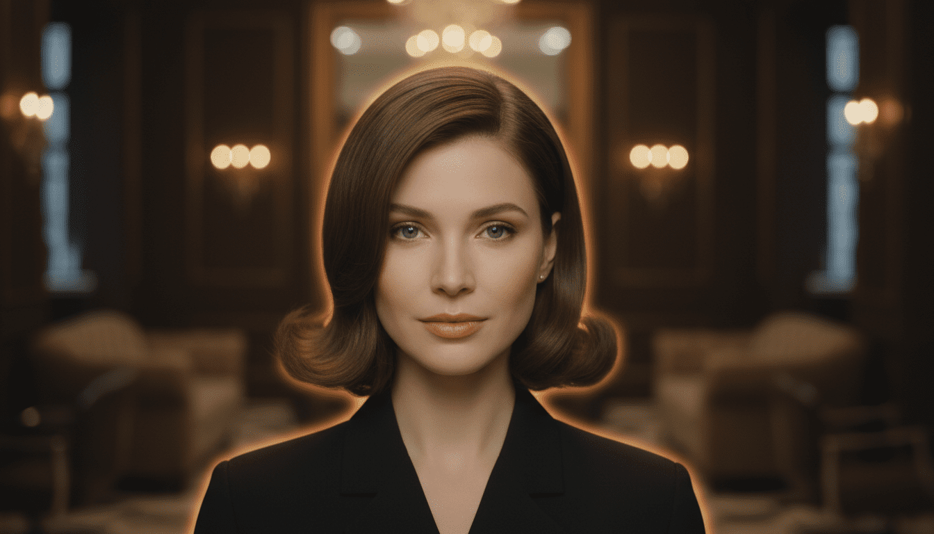 Ultra-photorealistic studio portrait of a White female with a Flip hairstyle. They are facing forward. The camera is pulled back for a full-head view. Background: Moody, high-end luxury hair salon with deep espresso tones and warm bokeh. Cinematic amber rim lighting. Sharp focus, professional 8k photography.