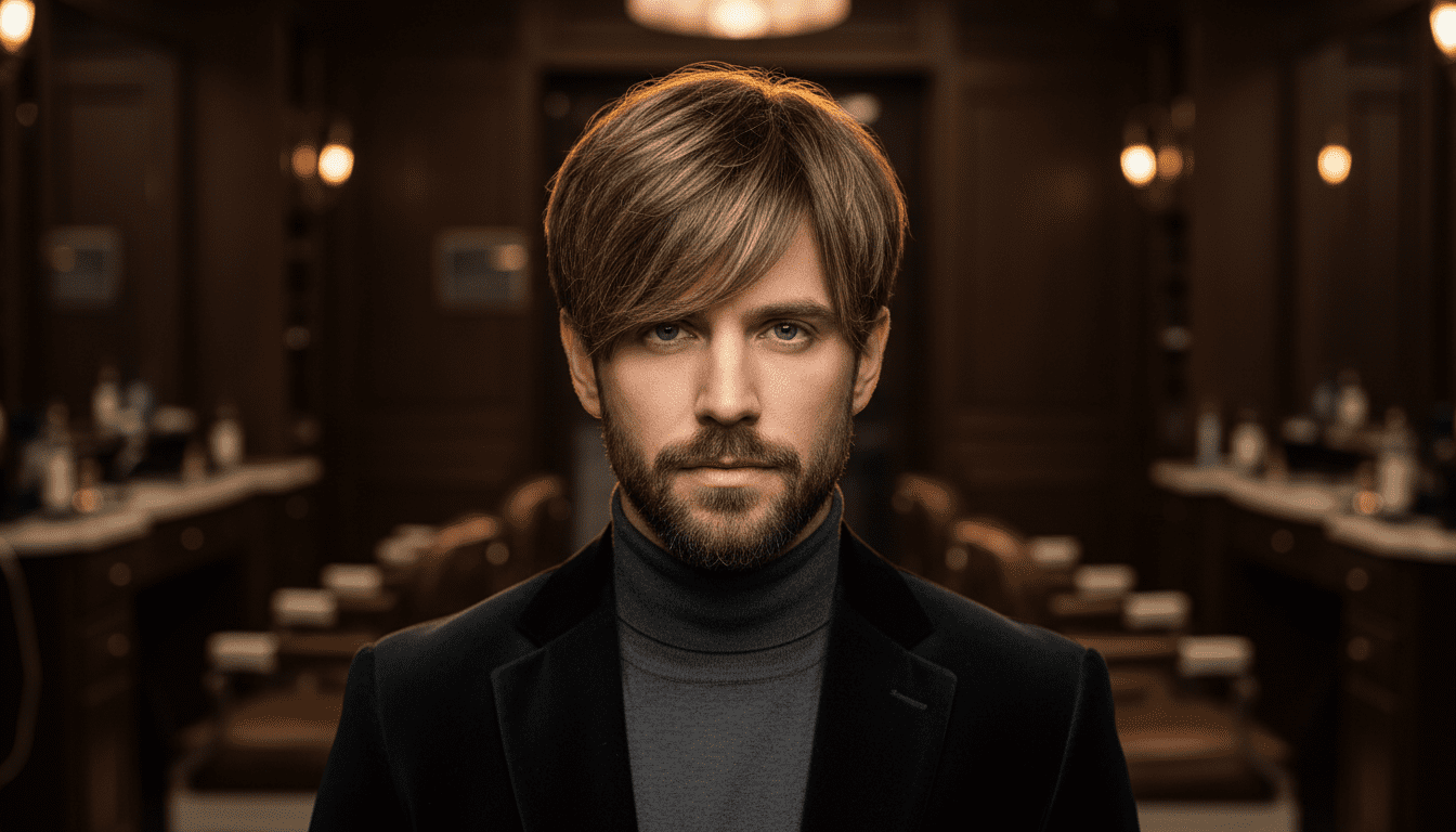 Ultra-photorealistic studio portrait of a White male with a Fringe hairstyle. They are facing forward. The camera is pulled back for a full-head view. Background: Moody, high-end vintage barbershop with deep espresso tones and warm bokeh. Cinematic amber rim lighting. Sharp focus, professional 8k photography.
