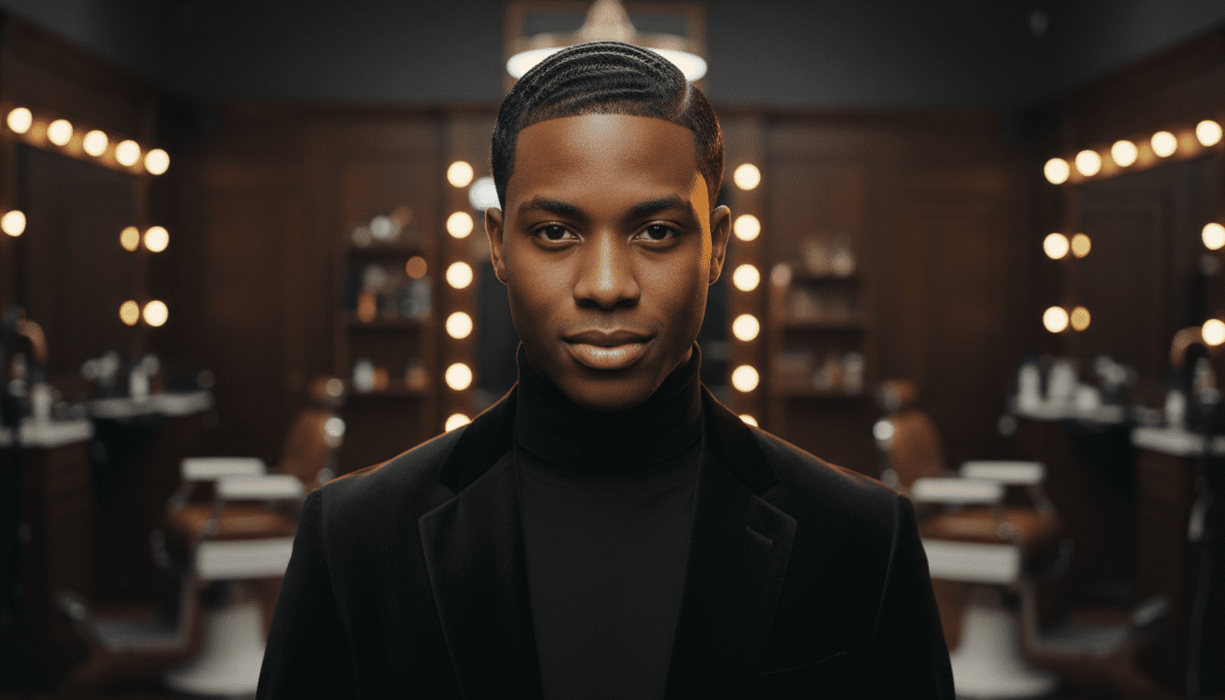Ultra-photorealistic studio portrait of a Black male with a Gelled Hair hairstyle. They are facing forward. The camera is pulled back for a full-head view. Background: Moody, high-end vintage barbershop with deep espresso tones and warm bokeh. Cinematic amber rim lighting. Sharp focus, professional 8k photography.