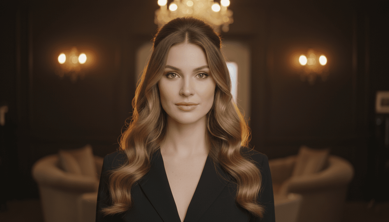 Ultra-photorealistic studio portrait of a White female with a Half-Up hairstyle. They are facing forward. The camera is pulled back for a full-head view. Background: Moody, high-end luxury hair salon with deep espresso tones and warm bokeh. Cinematic amber rim lighting. Sharp focus, professional 8k photography.