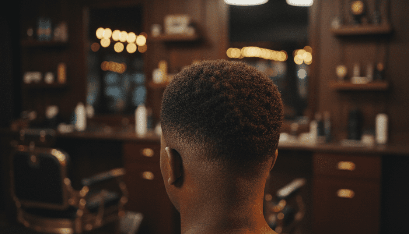 Ultra-photorealistic studio portrait of a Black male with a High Fade hairstyle. They are facing away. The camera is pulled back for a full-head view. Background: Moody, high-end vintage barbershop with deep espresso tones and warm bokeh. Cinematic amber rim lighting. Sharp focus, professional 8k photography.