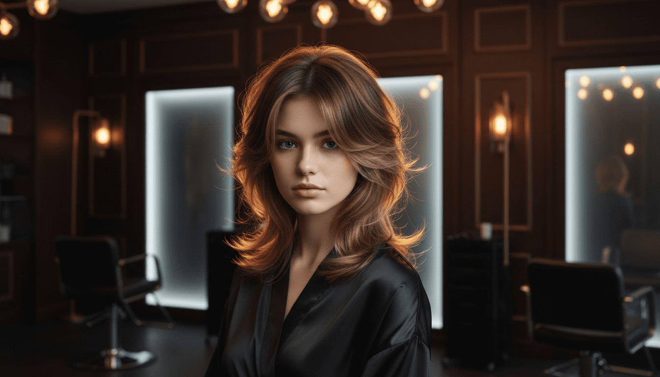 Ultra-photorealistic studio portrait of a White female with a Wolf Cut hairstyle. They are facing away. The camera is pulled back for a full-head view. Background: Moody, high-end luxury hair salon with deep espresso tones and warm bokeh. Cinematic amber rim lighting. Sharp focus, professional 8k photography.