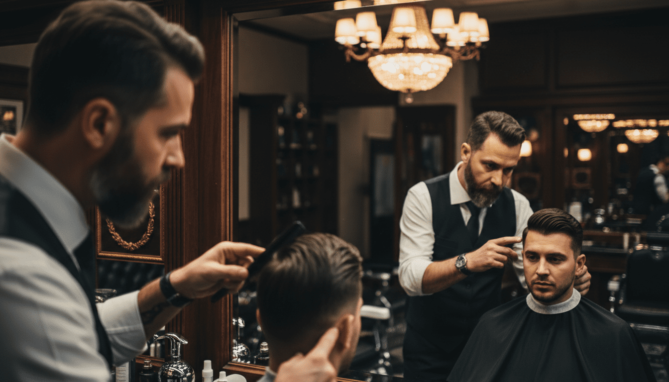 Cinematic, photorealistic close-up over the shoulder of a seasoned master barber, mid-40s, with a focused, expert expression, carefully examining a man's hair in a mirror. The man, in his early 30s, looks thoughtfully at his reflection, subtly gesturing towards his hair. The scene is within a high-end, classic barbershop setting, characterized by rich, dark wood paneling, gleaming chrome accents, and elegant leather seating. The lighting is dramatic and cinematic, with soft, directional light casting subtle shadows that emphasize the contours of the haircut and the serious, professional consultation taking place. The focus is razor-sharp on the interaction and the details of the hair, with a shallow depth of field creating a sophisticated bokeh effect in the background. 8k resolution, award-winning photography, high contrast, extremely detailed.