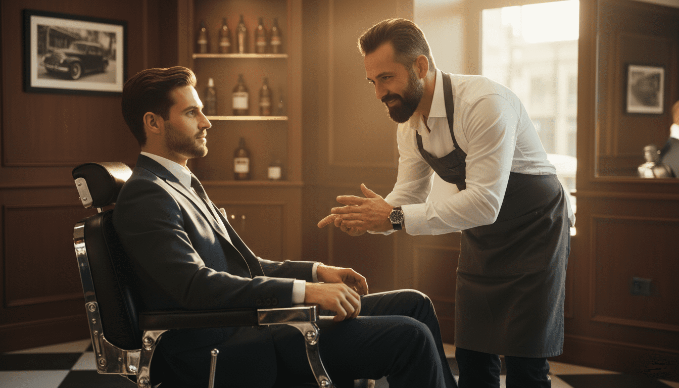 A photorealistic, cinematic image set within a warm and inviting, yet sophisticated, modern-classic barbershop. The scene captures a moment of connection and consultation, portraying a stylish, well-groomed man (late 20s-40s) engaged in conversation with a skilled barber. The barber, also well-groomed, is leaning slightly forward, attentively listening to the client, perhaps gesturing subtly to illustrate a point about hairstyle suitability or hair type. The man is seated comfortably in a high-end barber chair, his expression thoughtful and engaged, indicating he feels understood and valued. The lighting is cinematic golden hour, casting soft, warm volumetric rays that highlight the rich textures of dark wood paneling, plush black leather seating, and subtle chrome accents. A shallow depth of field blurs the background, hinting at a clean, upscale environment with perhaps a curated shelf of high-quality grooming products or a tasteful piece of art, reinforcing the sense of professionalism and a welcoming atmosphere. The focus is sharp on the interaction and the client's confident, reassured demeanor, embodying the core concept of finding expert service and a welcoming vibe. Award-winning photography, 8k, extremely detailed, high contrast.